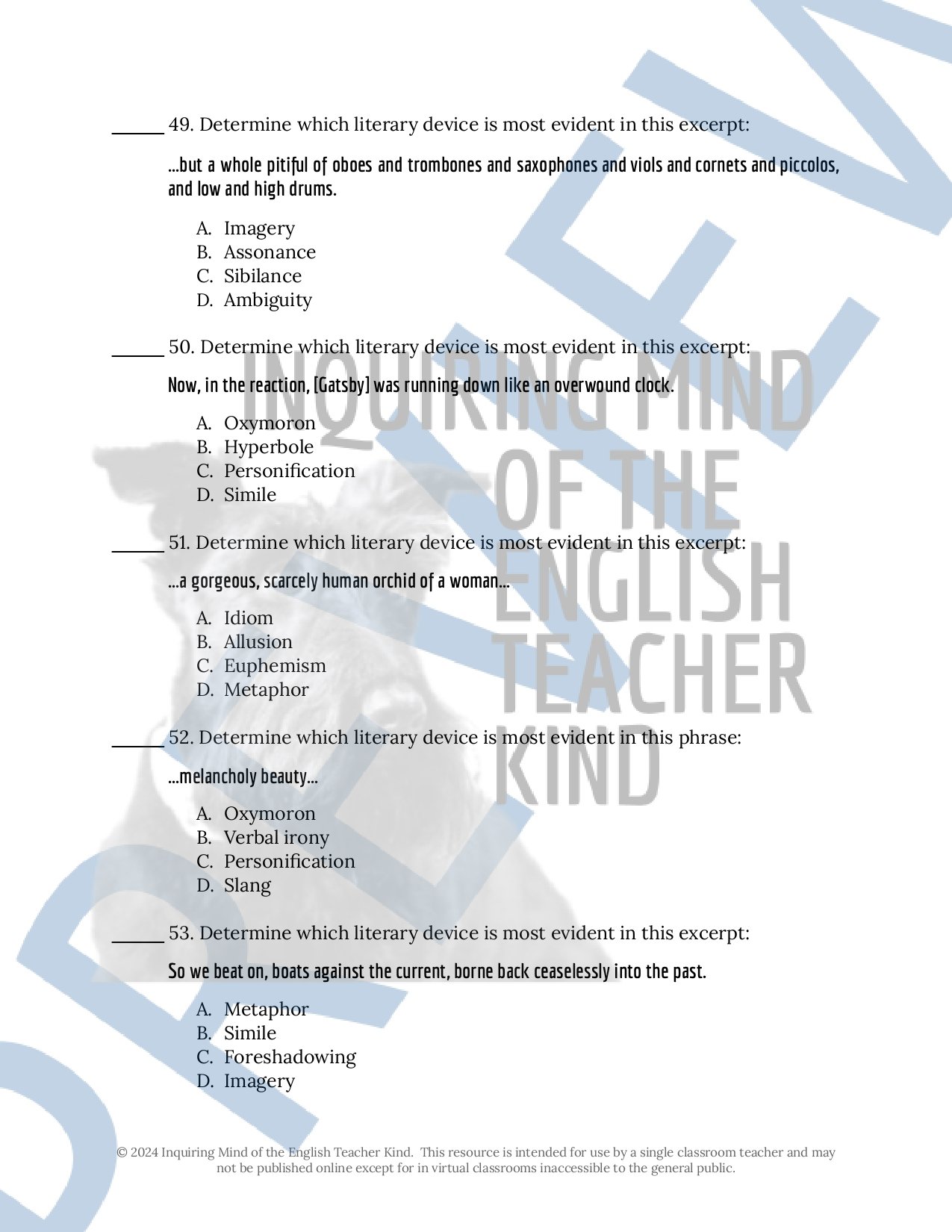 The Great Gatsby by F. Scott Fitzgerald Test, Answer Key, and Study Guide for High School