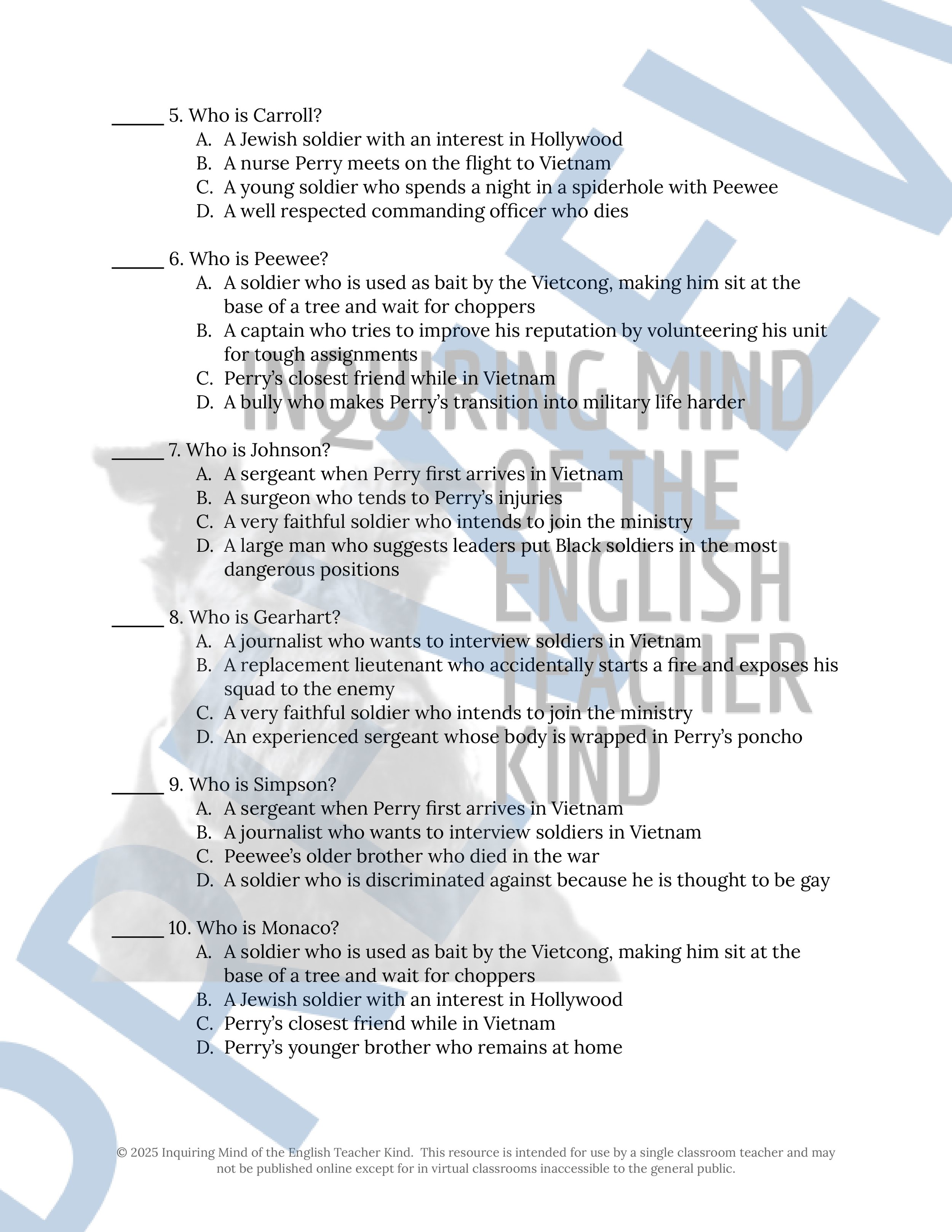 Fallen Angels by Walter Dean Myers Test and Answer Key with a Study Guide for High School English Language Arts from Inquiring Mind of the English Teacher Kind