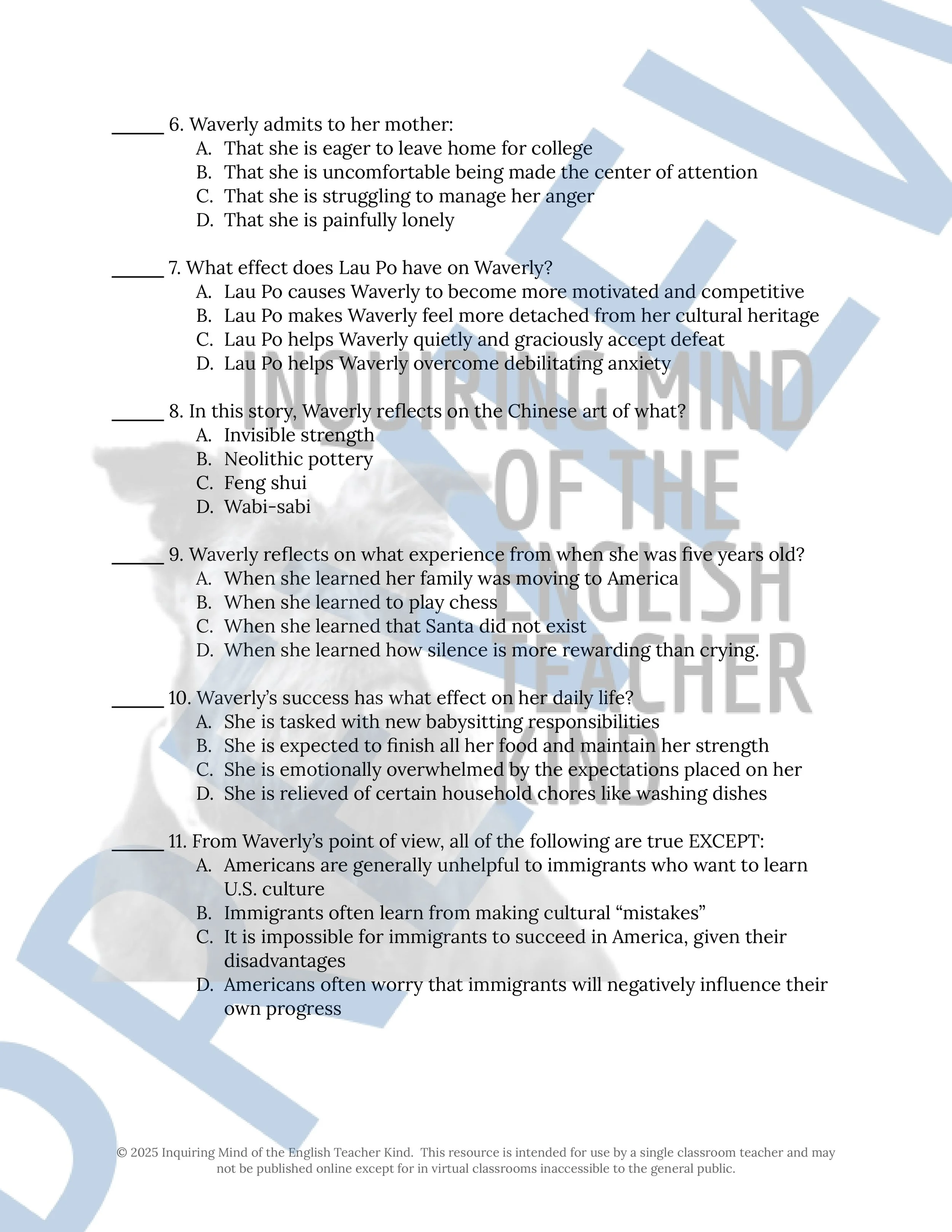 "Rules of the Game" by Amy Tan Quiz, Close Reading Worksheet, Vocabulary Activities, and Answer Keys for High School from Inquiring Mind of the English Teacher Kind