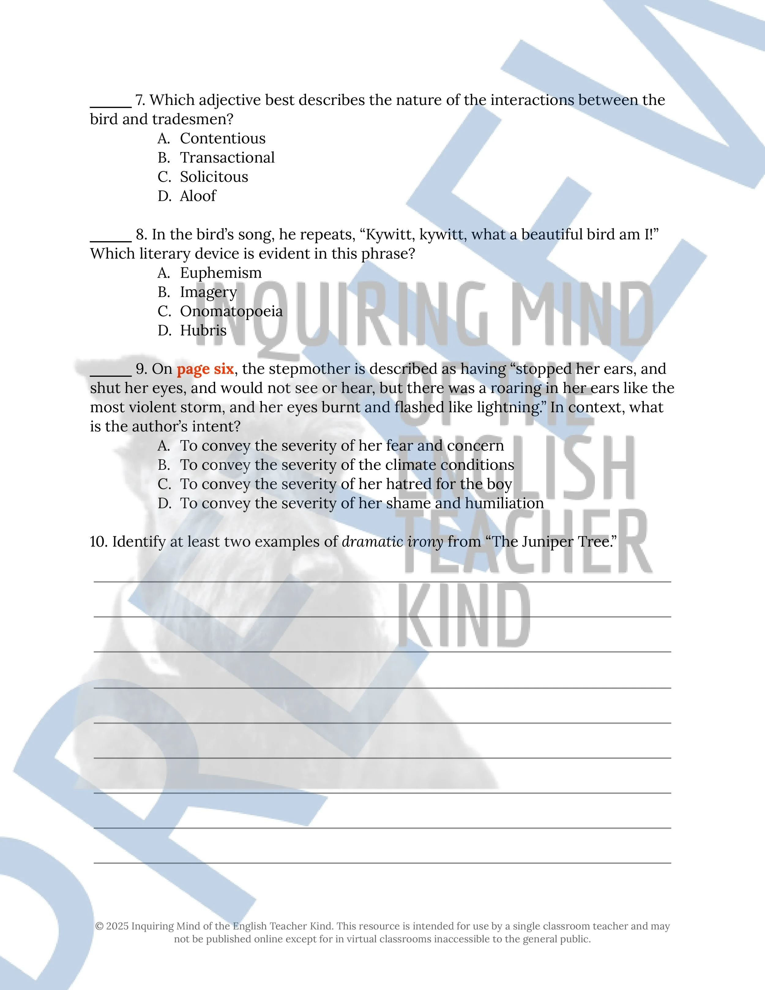 "The Juniper Tree" Quiz, Worksheets, and Vocabulary Games (Grimm's Fairy Tale) from Inquiring Mind of the English Teacher Kindnd (9).jpg