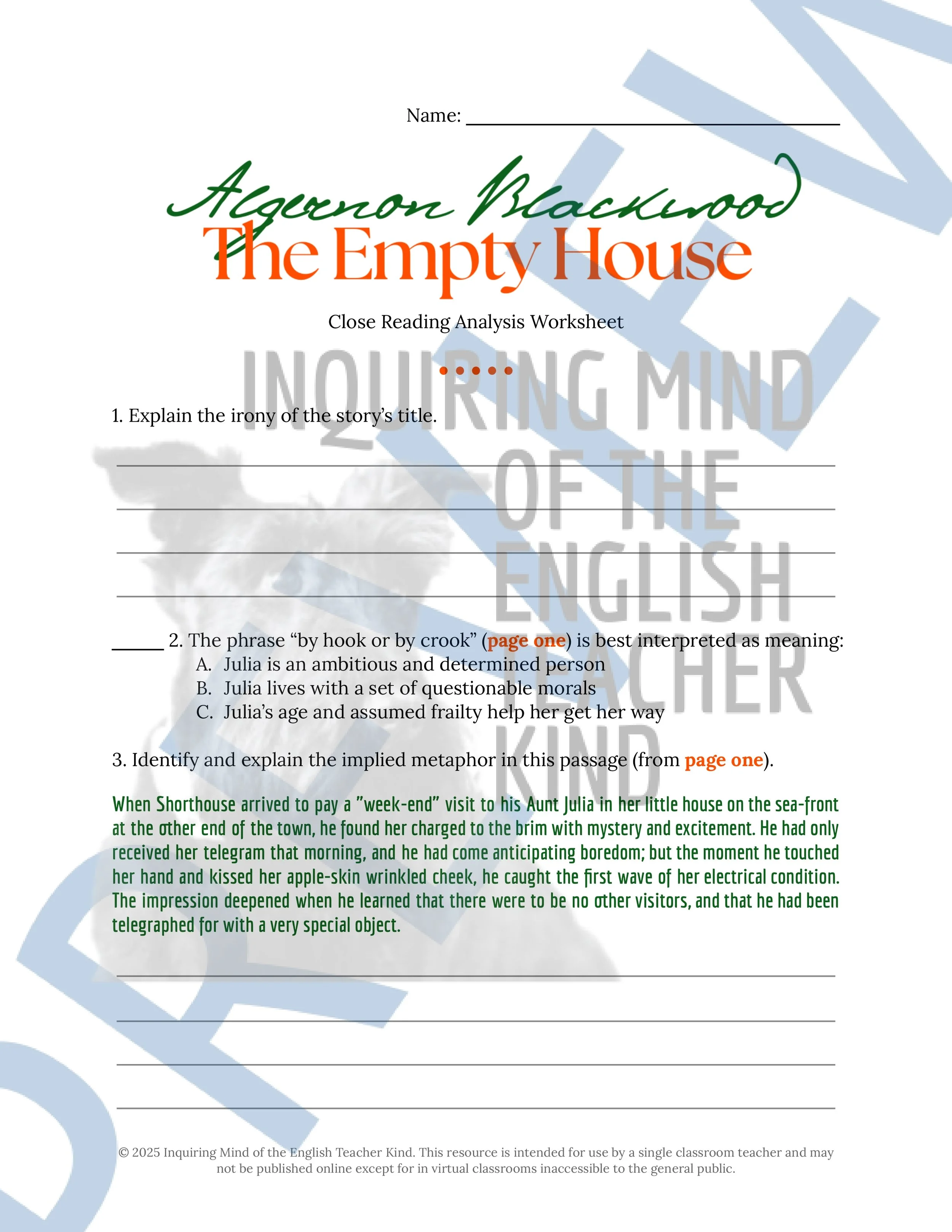 "The Empty House" by Algernon Blackwood Quiz, Analysis Worksheet, Vocabulary Games, and Halloween Ghost Story from Inquiring Mind of the English Teacher Kind