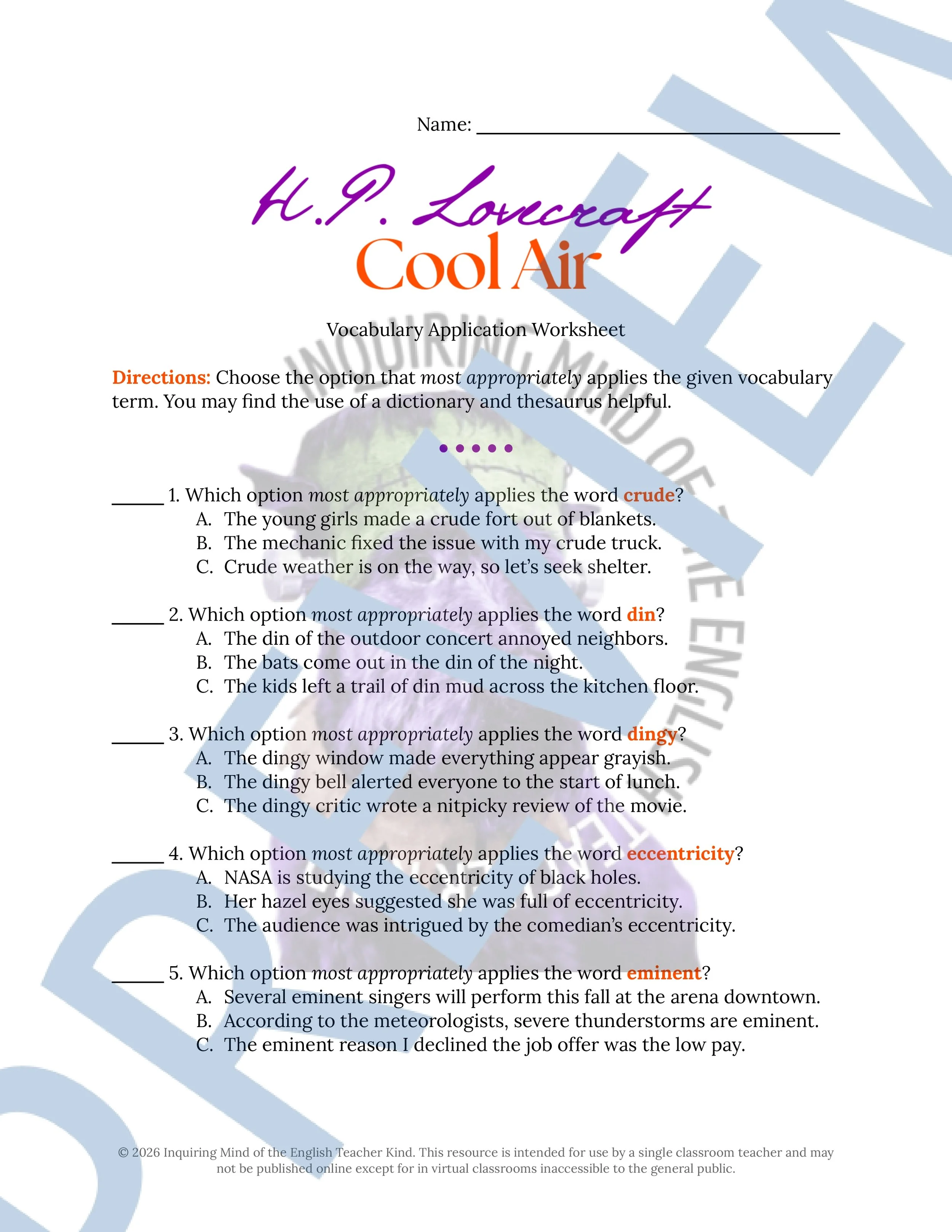Cool Air by H.P. Lovecraft Vocabulary Worksheet, Crossword Puzzle, and Word Search for High School English Language Arts (1).jpg