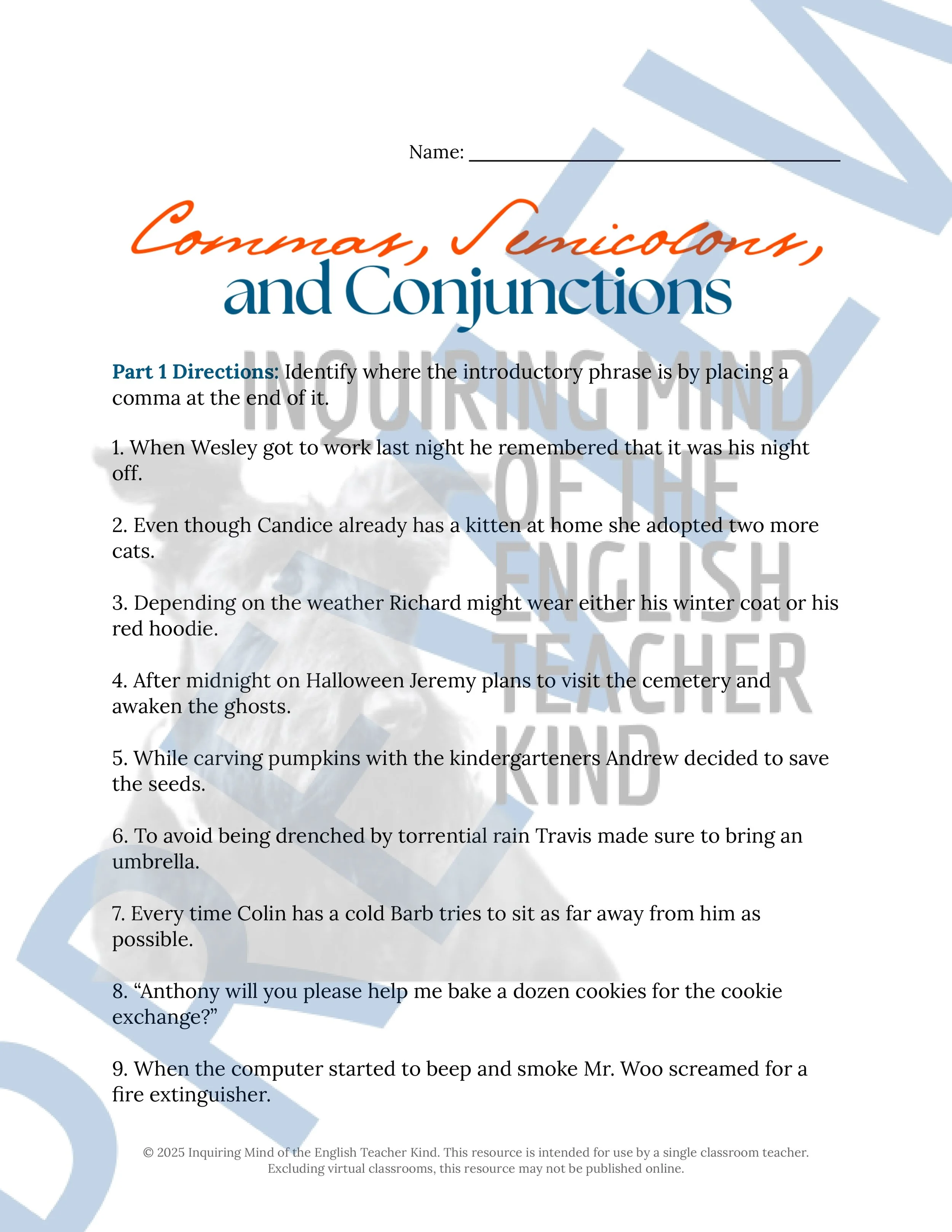 Grammar Review Worksheet on Commas, Semicolons, and Conjunctions from Inquiring Mind of the English Teacher Kind (13).jpg