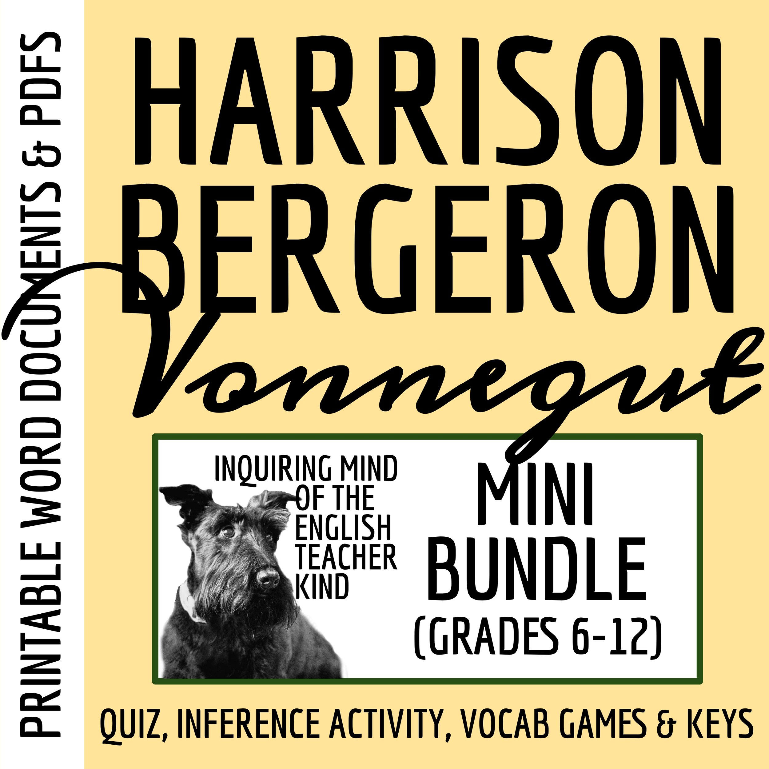"Harrison Bergeron" Quiz, Close Reading Analysis Worksheet, and Vocabulary Games