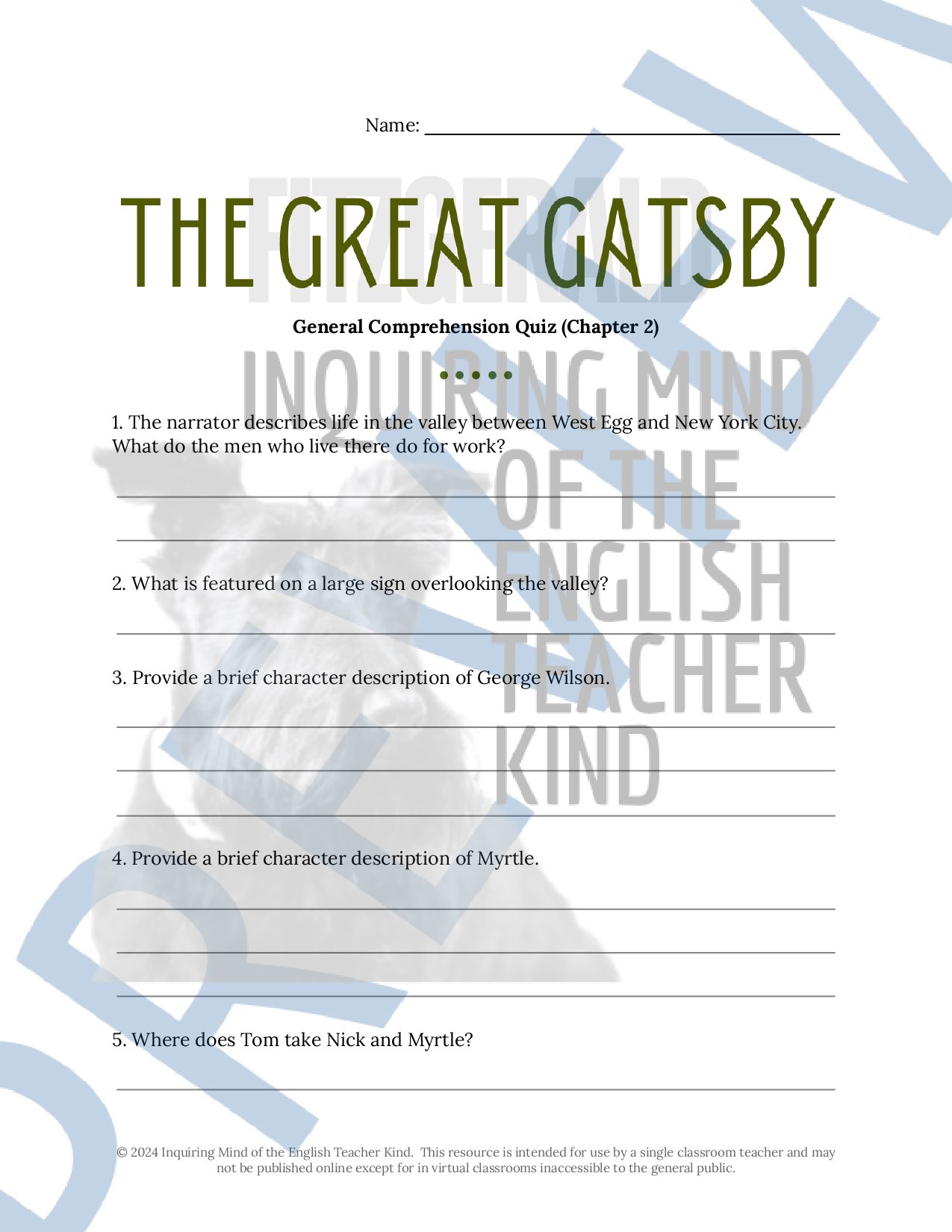 The Great Gatsby by F. Scott Fitzgerald Quiz and Answer Key Bundle for High School