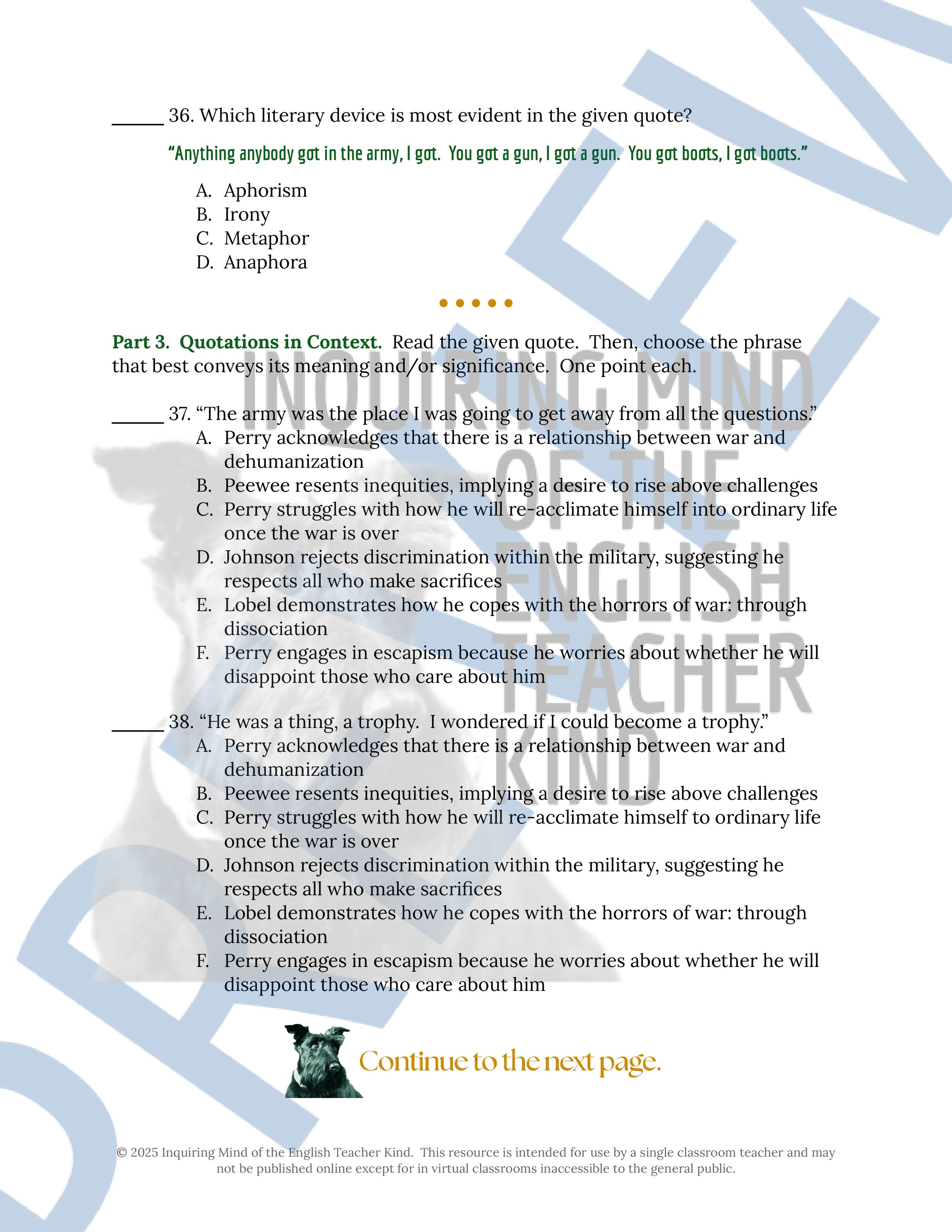 Fallen Angels by Walter Dean Myers Test and Answer Key with a Study Guide for High School English Language Arts from Inquiring Mind of the English Teacher Kind