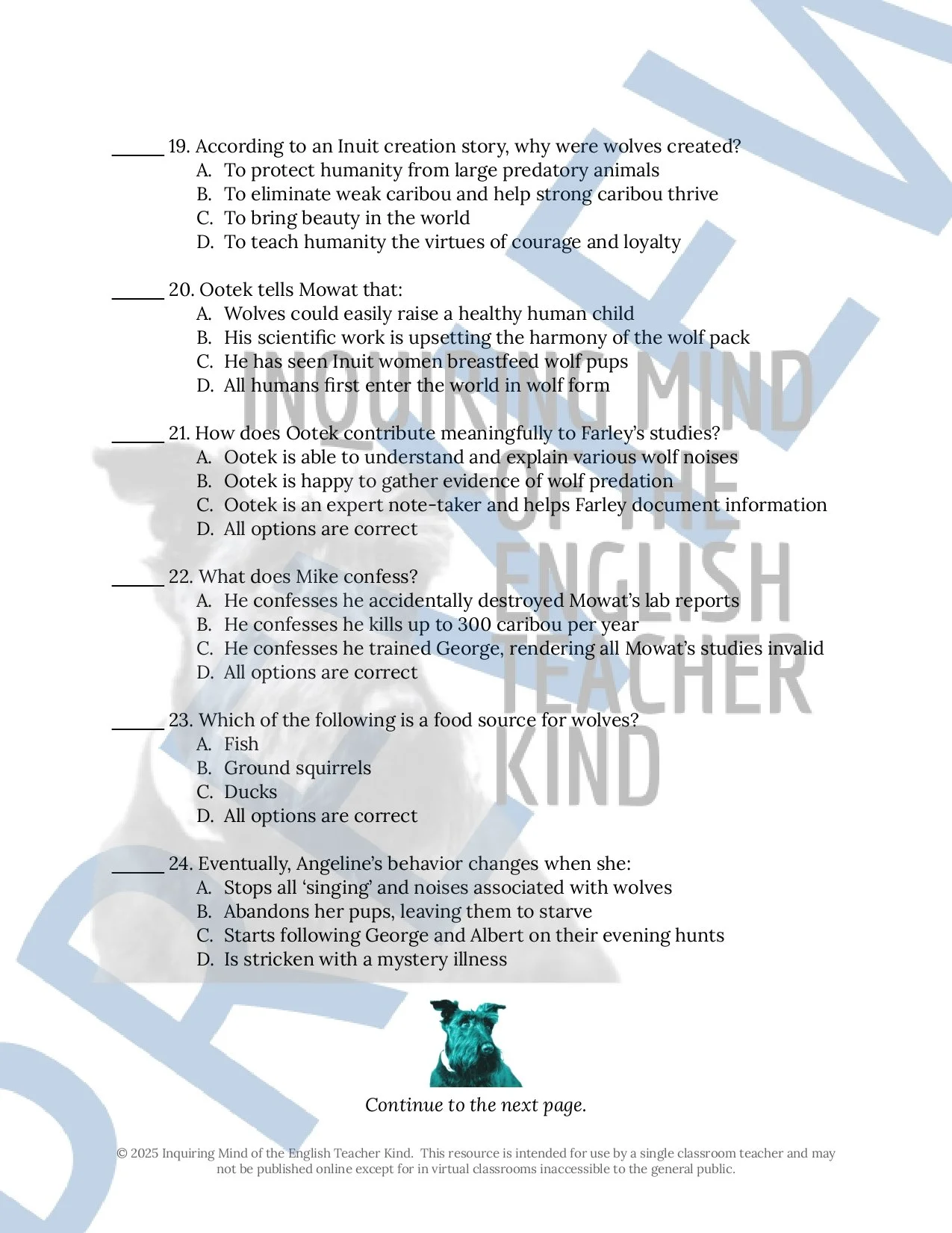 Never Cry Wolf by Farley Mowat Test, Study Guide, Answer Key, and Essay Rubric for High School English Language Arts
