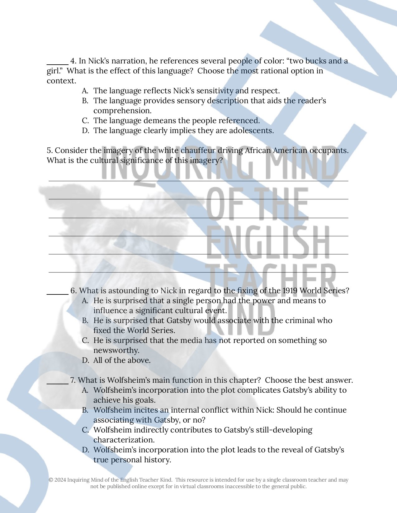 The Great Gatsby by F. Scott Fitzgerald Chapter 4 Quiz, Inference Worksheet, and Vocabulary Games for High School