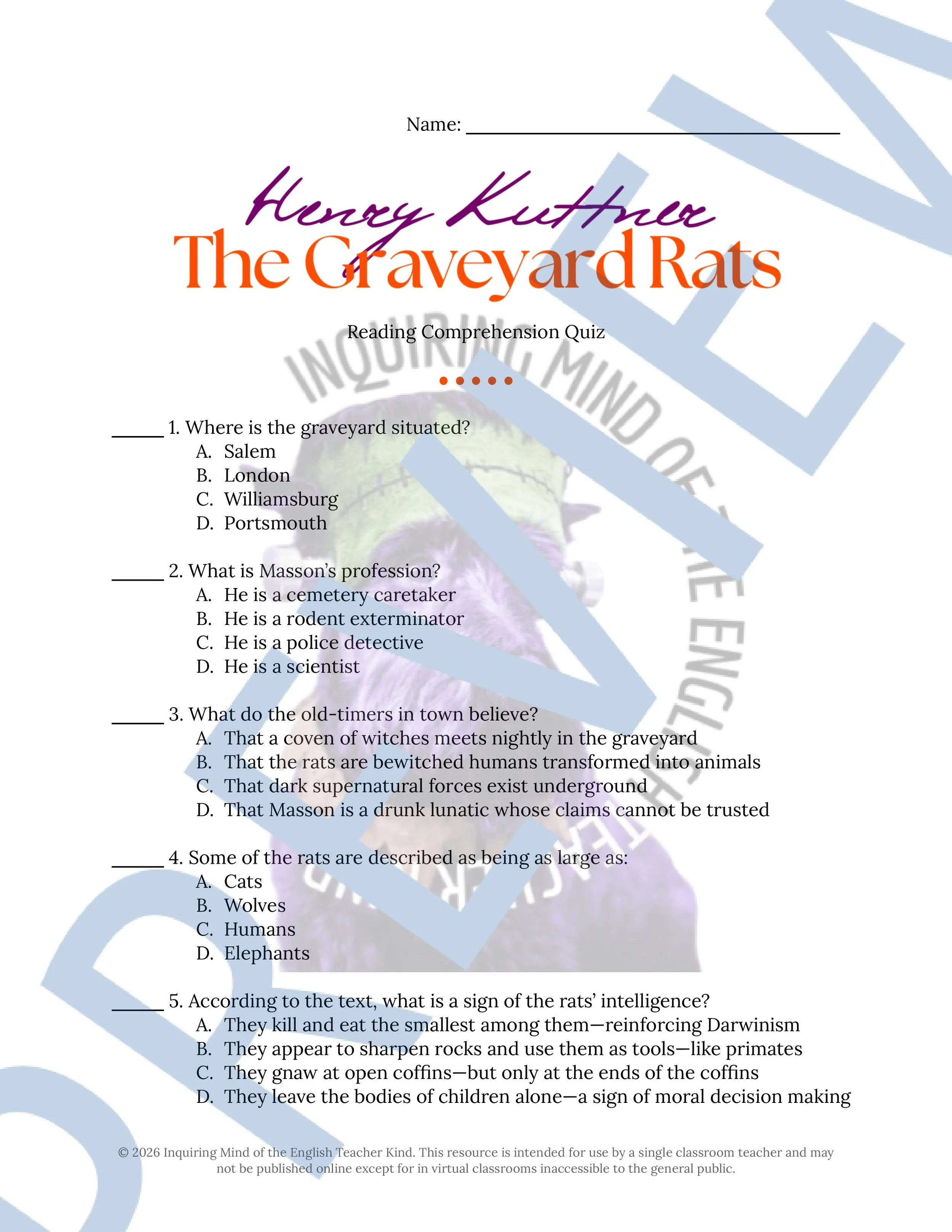 The Graveyard Rats by Henry Kuttner Reading Comprehension Quiz and Answer Key for High School ELA and Halloween Season (1).jpg