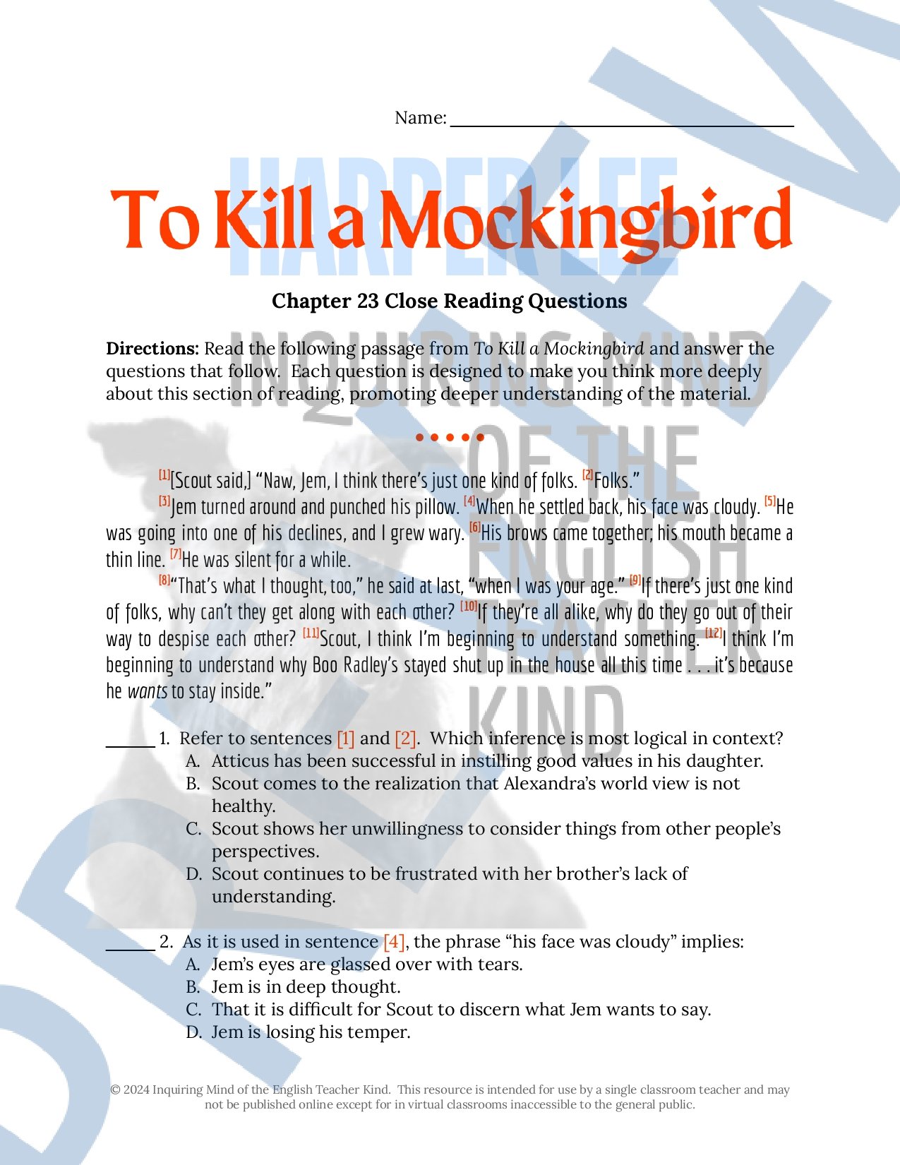 To Kill a Mockingbird Chapters 21, 22, and 23 Quizzes, Close Reading Inference Worksheets, and Vocabulary Games for High School English Language Arts
