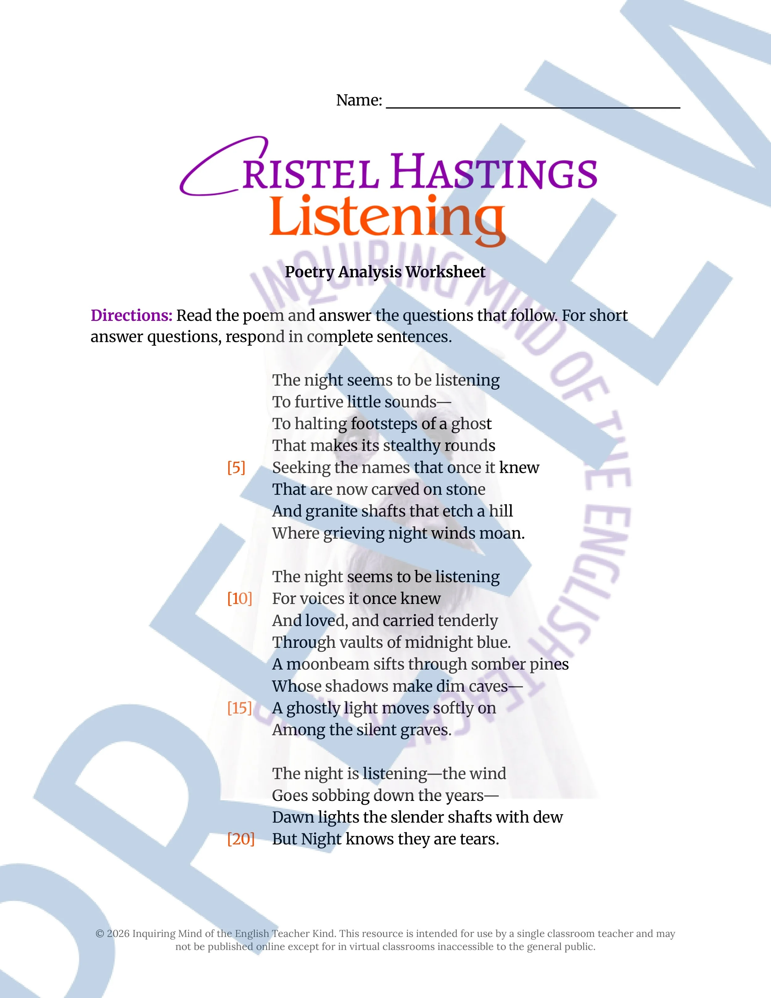 Listening by Cristel Hastings Gothic Poem Analysis Worksheet for High School English and Halloween (1).jpg