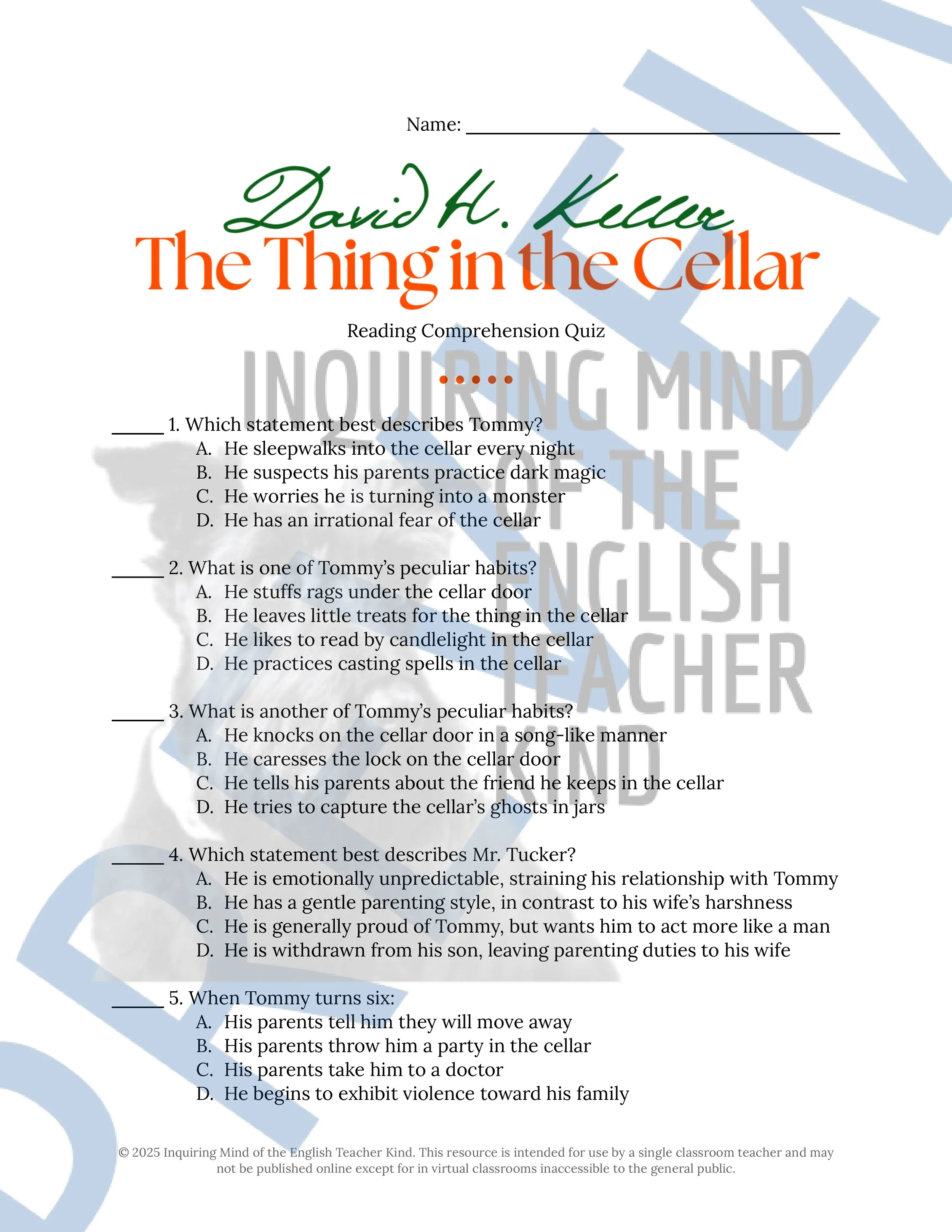 "Thing in the Cellar" by David H. Keller Quiz, Literary Analysis Worksheet, Vocabulary Games, and Horror Story for Halloween from Inquiring Mind of the English Teacher Kind