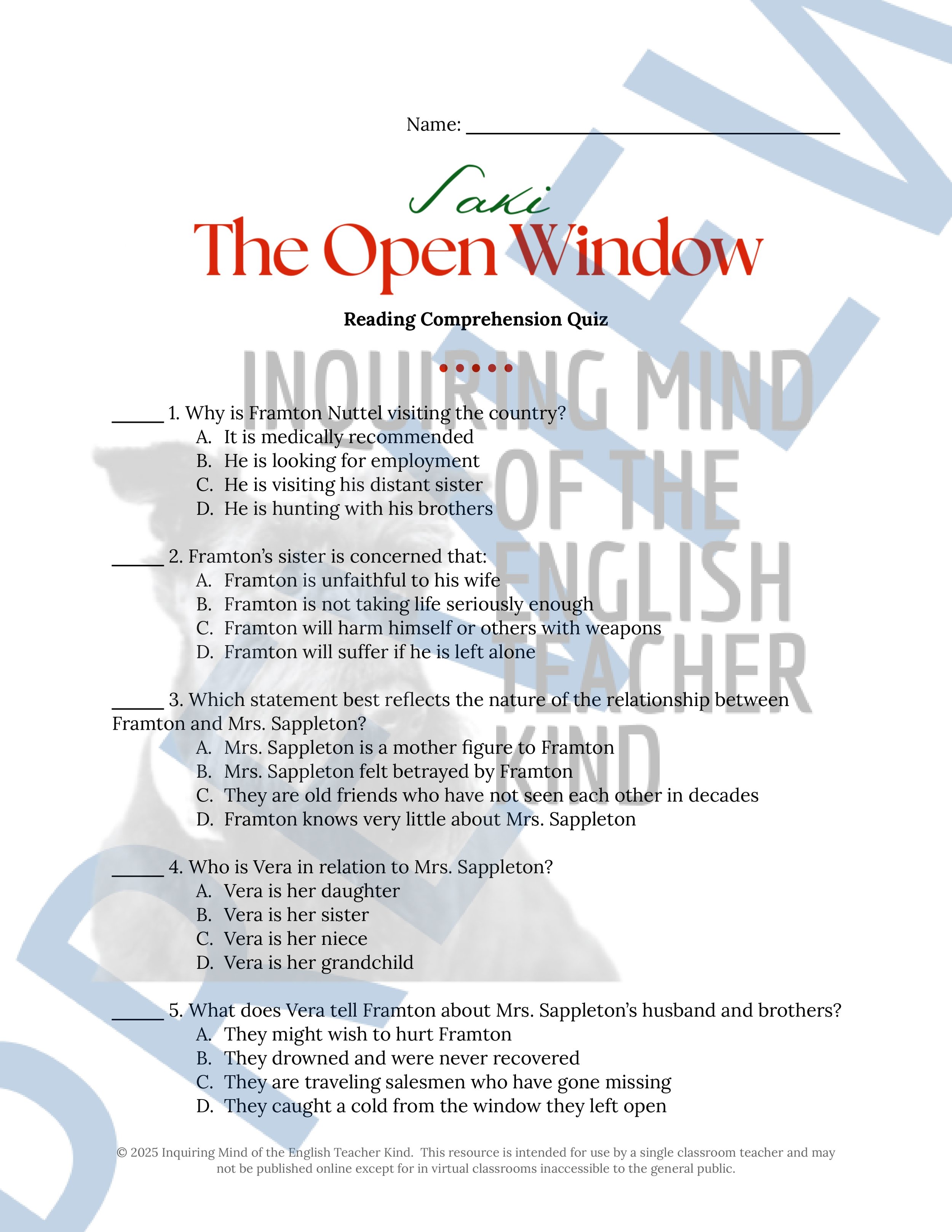 "The Open Window" by Saki Quiz, Close Reading Analysis Worksheet, Vocabulary Games, Emergency Lesson Plans, and Answer Keys for High School from Inquiring Mind of the English Teacher Kind