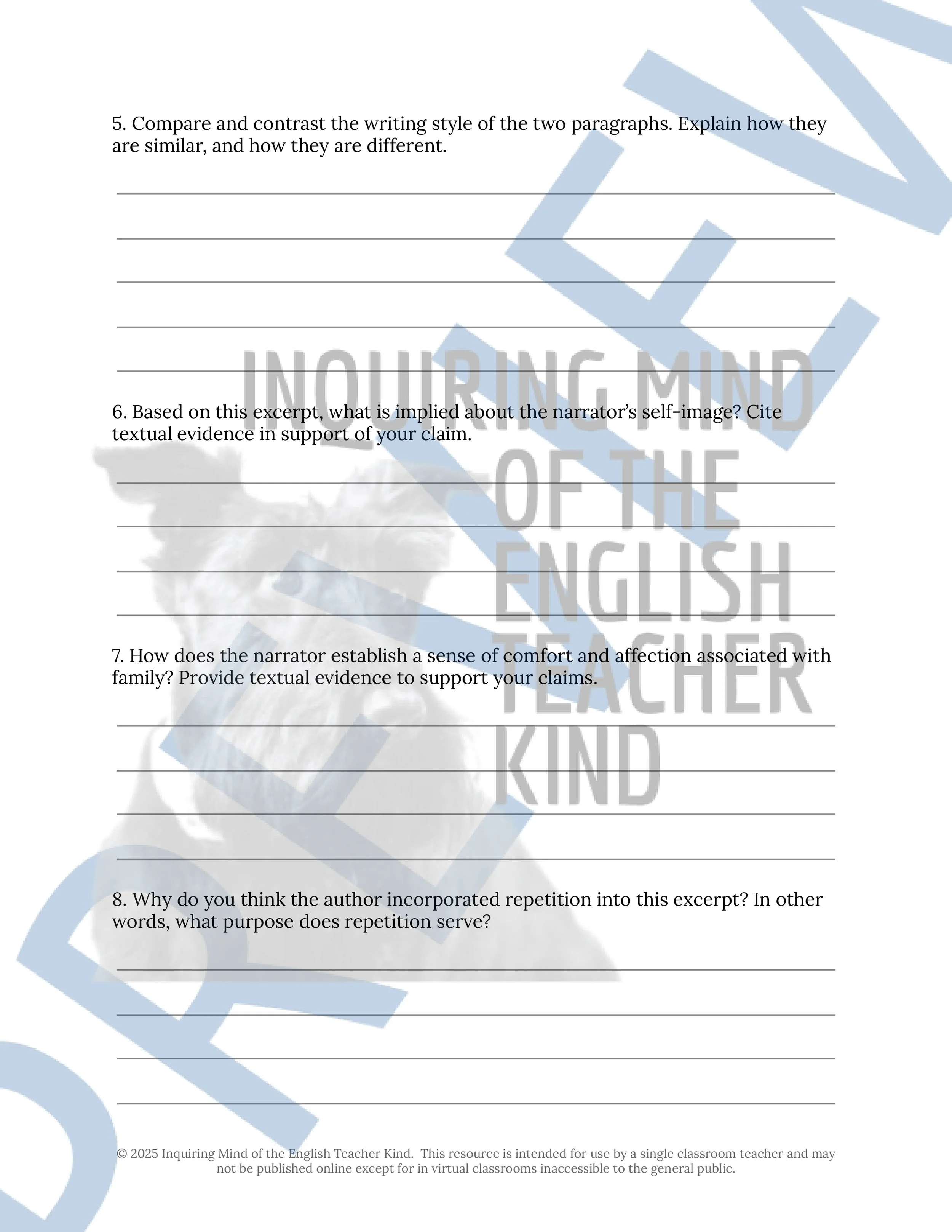 The House on Mango Street Quiz and Close Reading Analysis Worksheets Bundle for Vignettes 1, 2, 3, and 4 from Inquiring Mind of the English Teacher Kind