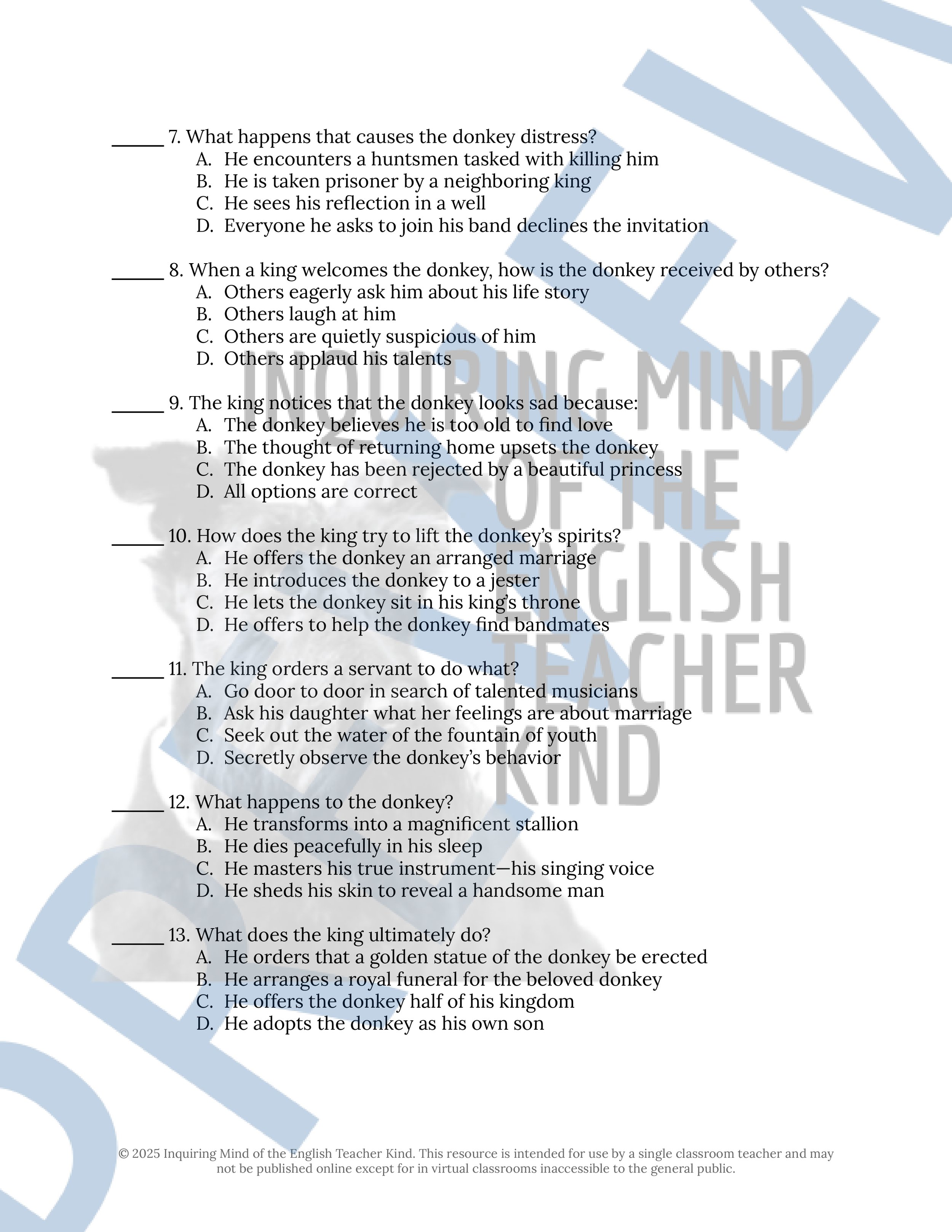 The Donkey by the Brothers Grimm Fairy Tale Quiz and Answer Key  (2).jpg