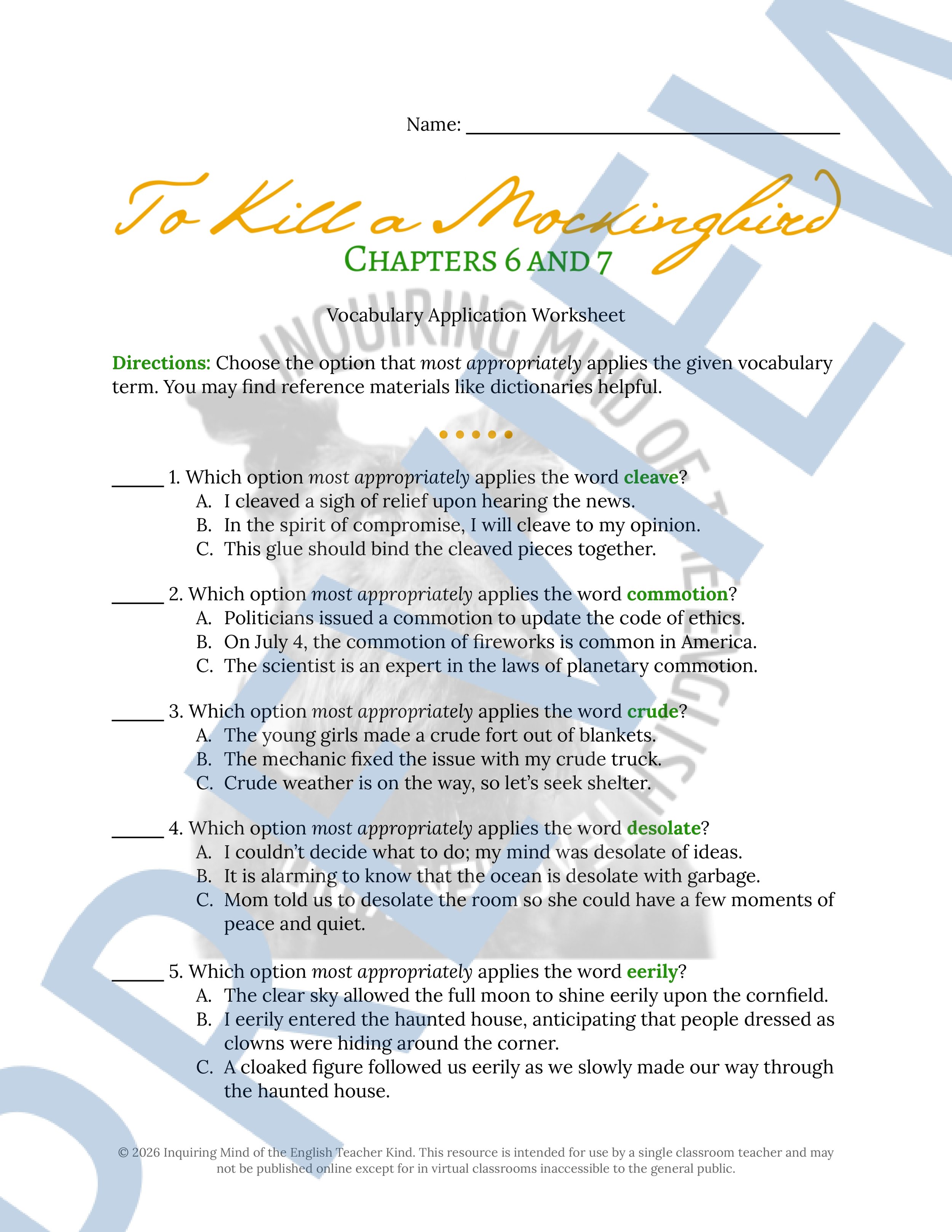 To Kill a Mockingbird Chapters 6 and 7 Vocabulary Worksheet, Crossword Puzzle, and Word Search Game for High School ELA (1).jpg