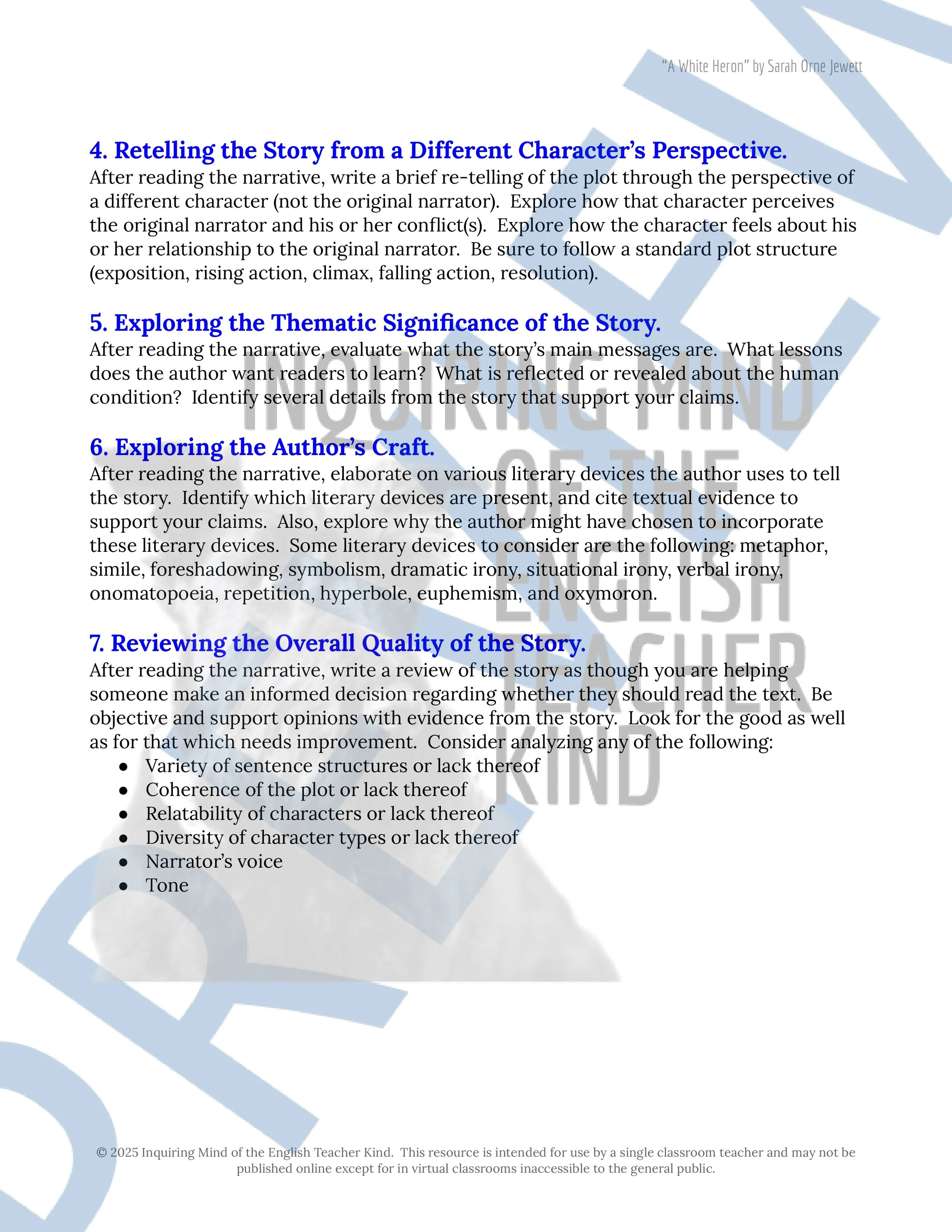 "A White Heron" by Sarah Orne Jewett Quiz, Analysis Worksheet, Vocabulary Activities, and Sub Plans for High School from Inquiring Mind of the English Teacher Kind