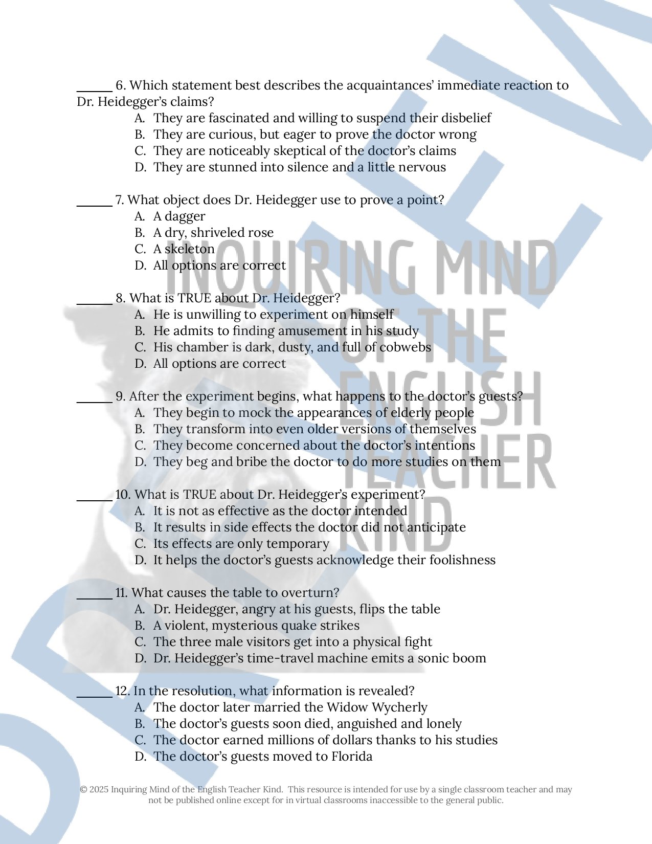 "Dr. Heidegger's Experiment" Quiz, Inference Worksheet, and Vocabulary Games from Inquiring Mind of the English Teacher Kind