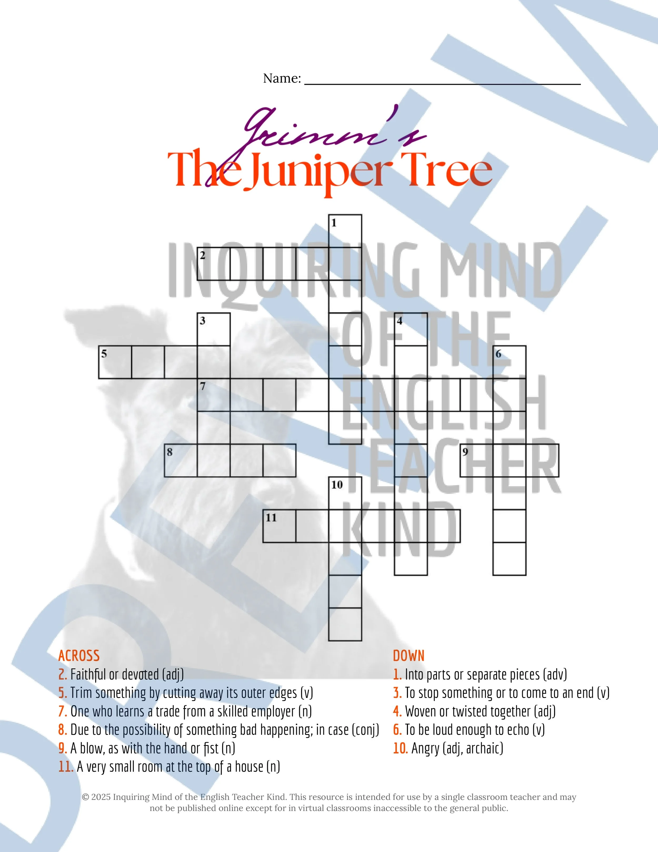 "The Juniper Tree" Quiz, Worksheets, and Vocabulary Games (Grimm's Fairy Tale) from Inquiring Mind of the English Teacher Kind
