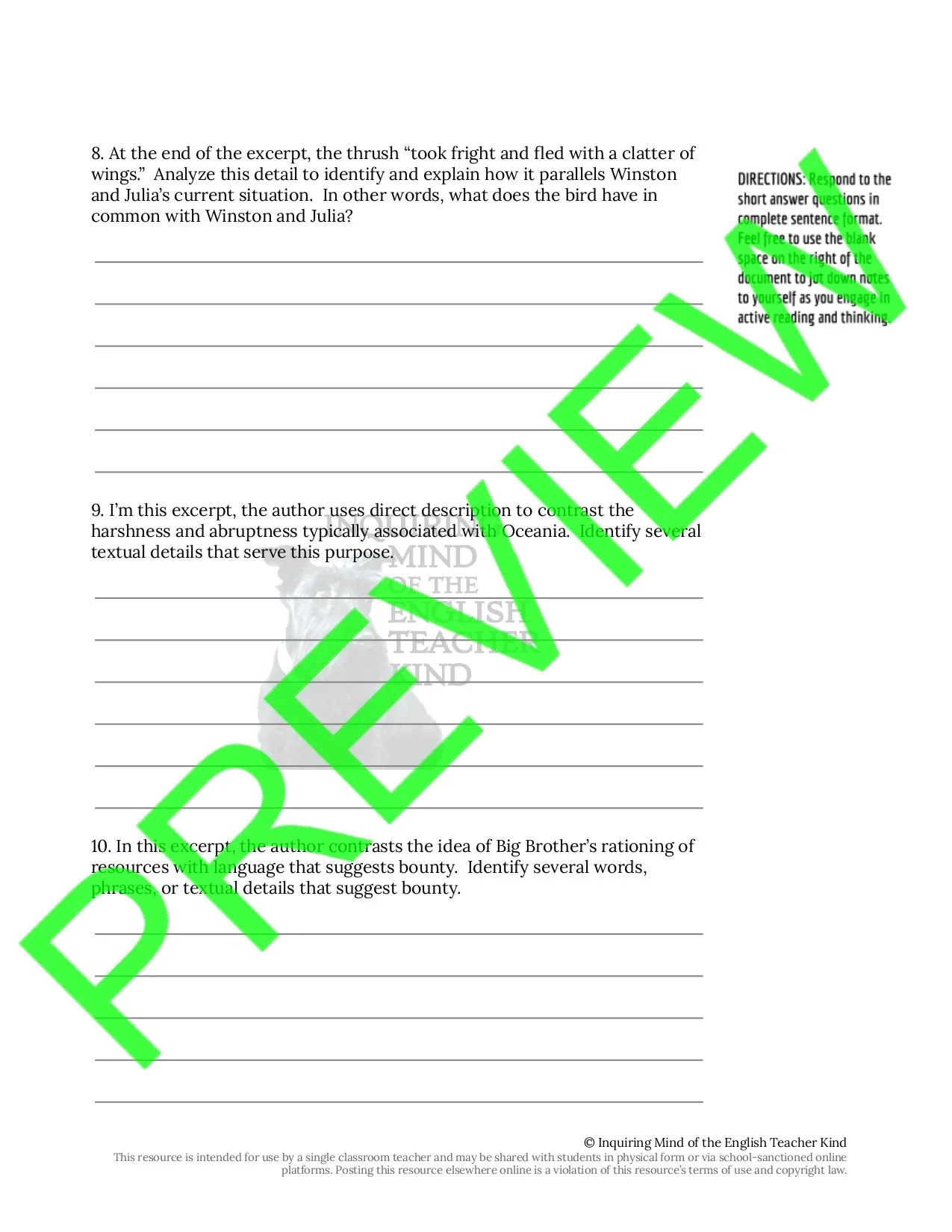 1984 Book 2 Chapter 2 Close Reading Analysis Worksheet by Inquiring