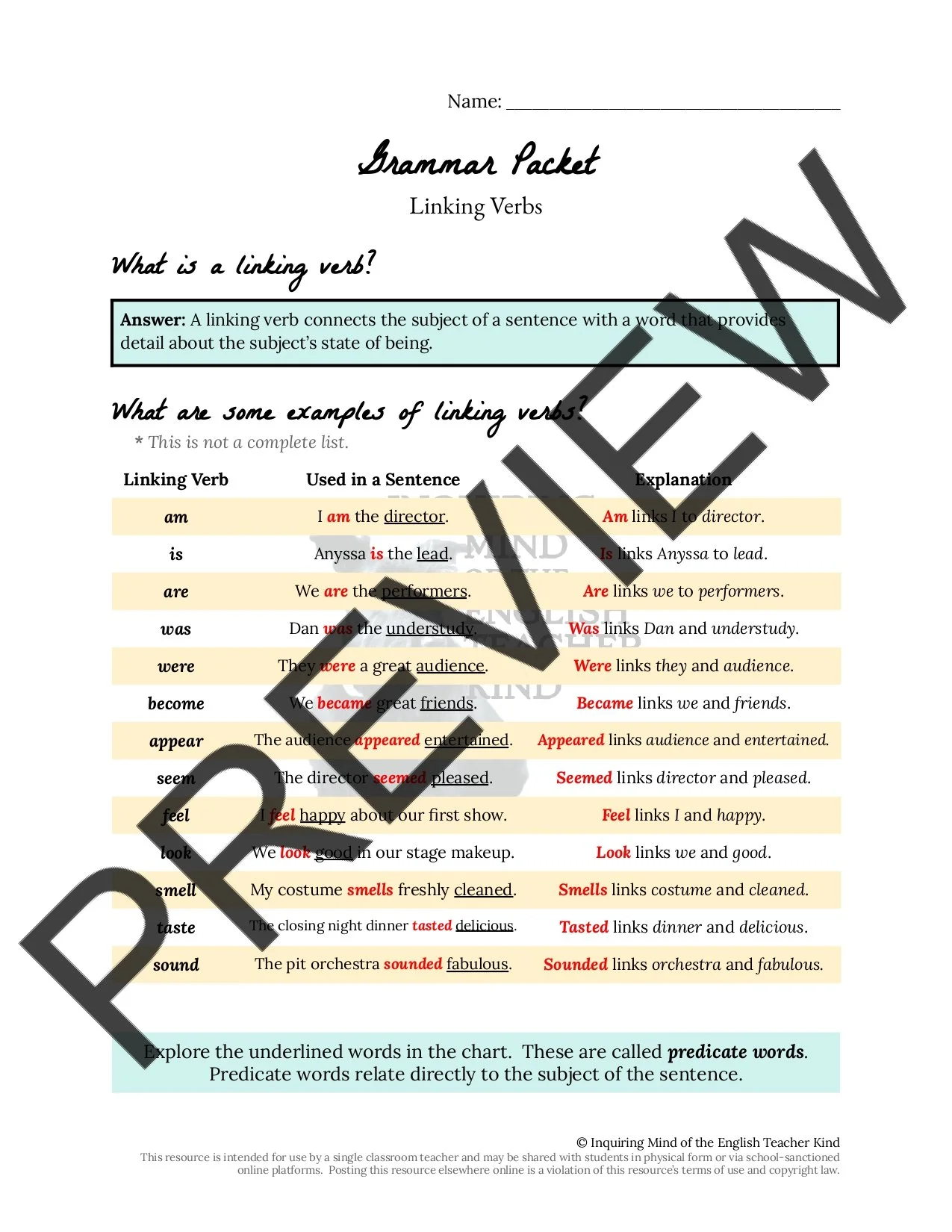 Grammar Worksheet on Linking Verbs and Predicate Words with Answer Key