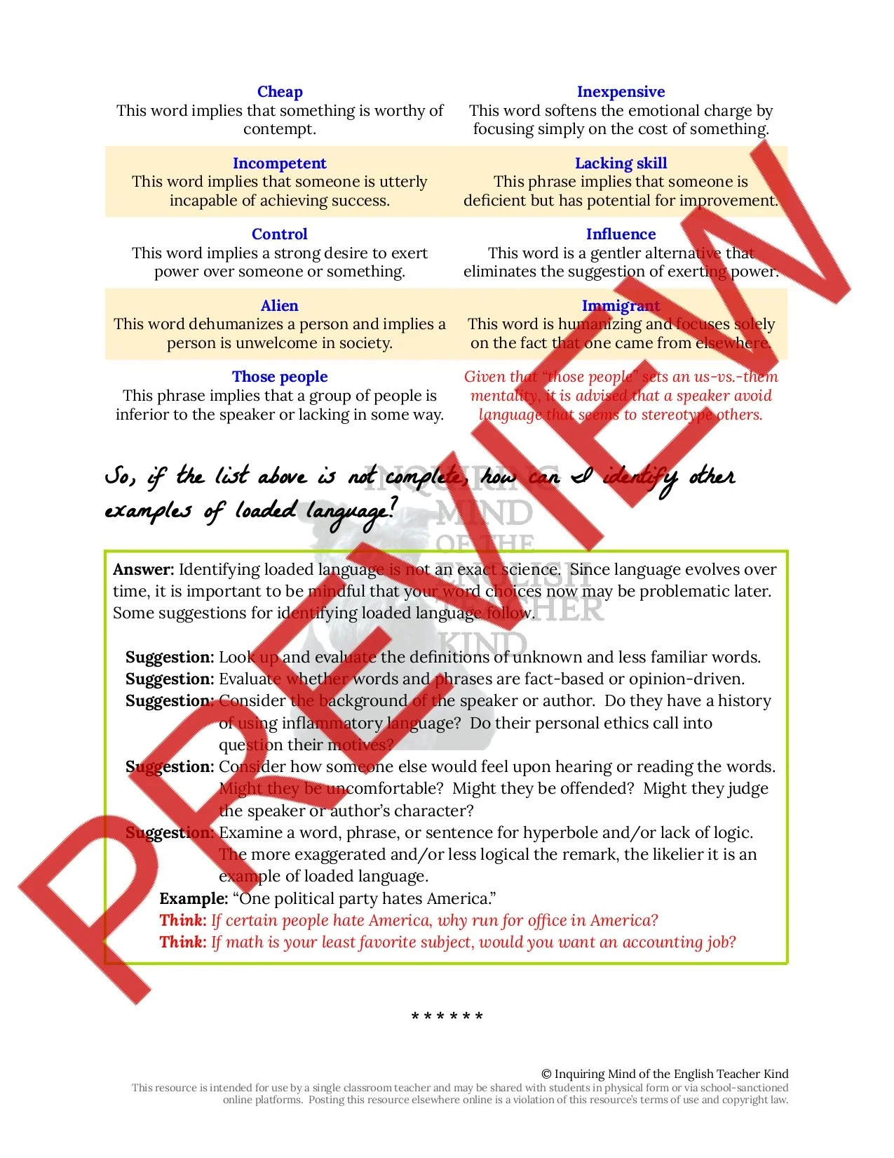 Grammar Worksheet on Loaded Language with Answer Key — Inquiring Mind ...