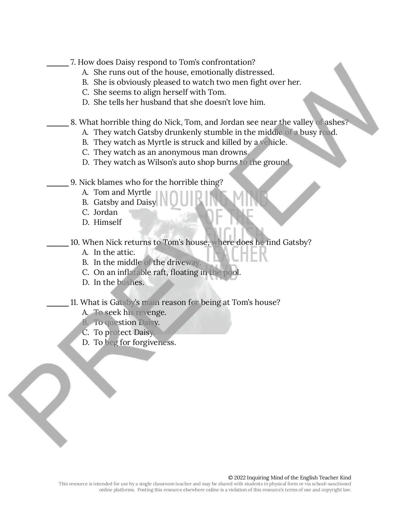 The Great Gatsby Chapter 7 Quiz and Answer Key for High School