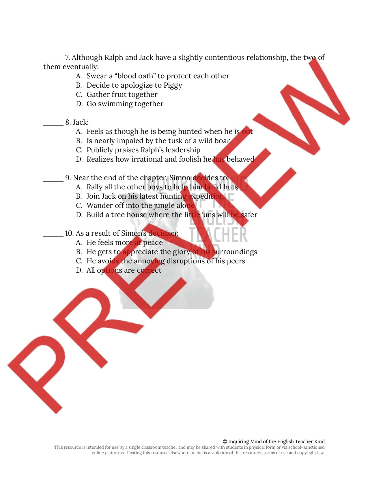 Lord of the Flies by William Golding Quiz and Answer Key Bundle