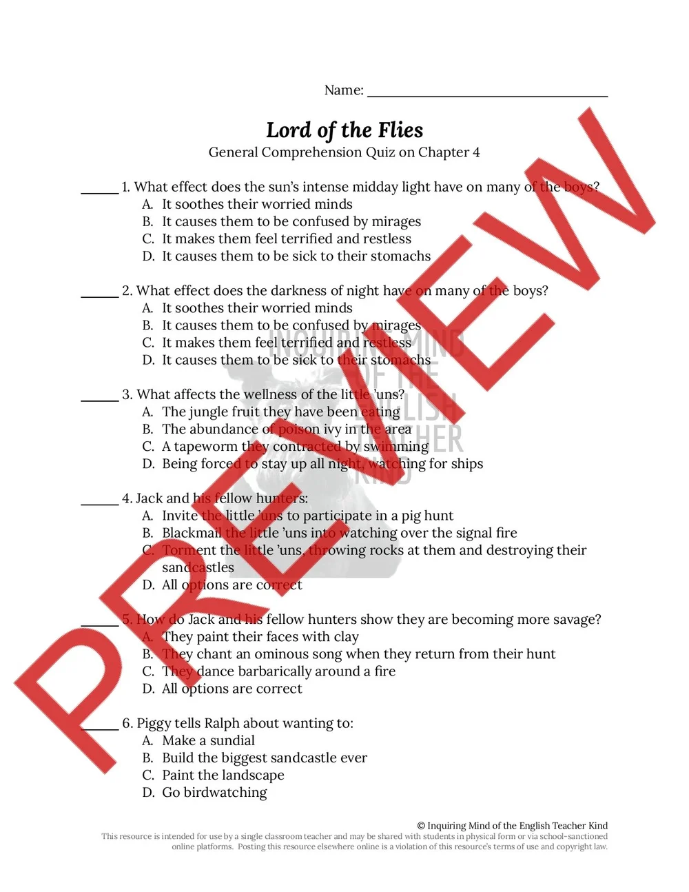 Lord of the Flies Chapter 4 Quiz, Close Reading, and Vocabulary Games Bundle