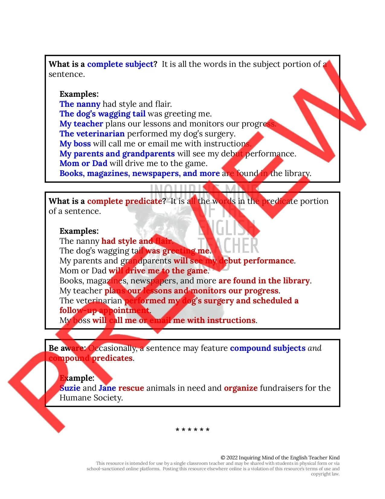 High School Grammar Practice Worksheet on Simple and Compound Subjects ...