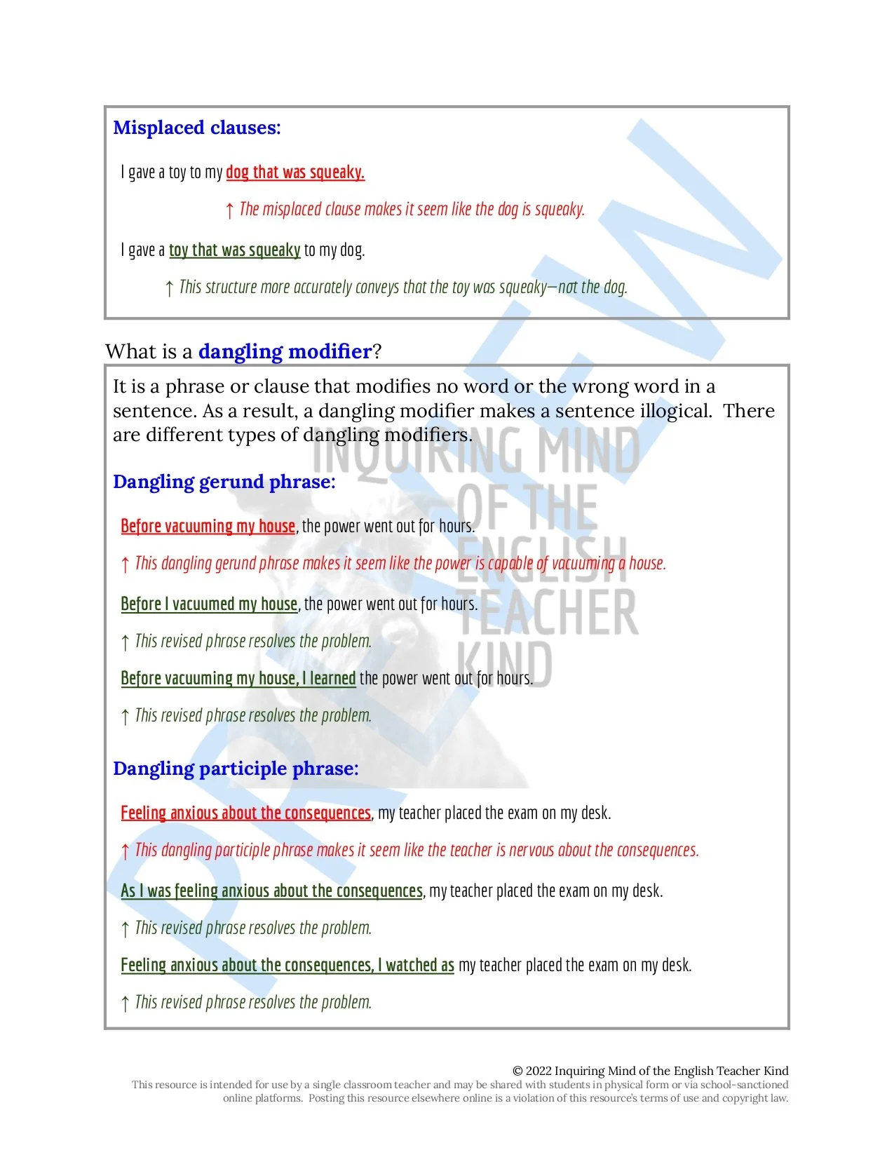 Grammar Practice Worksheet on Misplaced and Dangling Modifiers for High