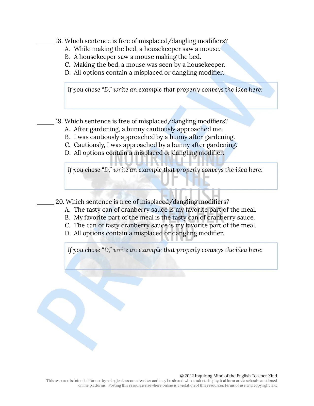 Grammar Practice Worksheet on Misplaced and Dangling Modifiers for High School — Inquiring Mind