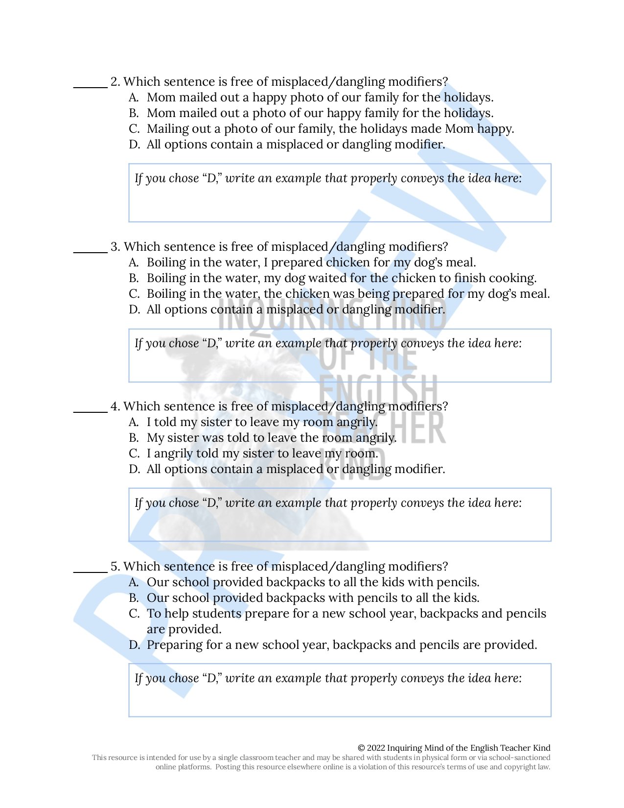 Reinforce the standard conventions of academic writing and perform a quick check of students' knowledge with this grammar worksheet on misplaced and dangling modifiers.