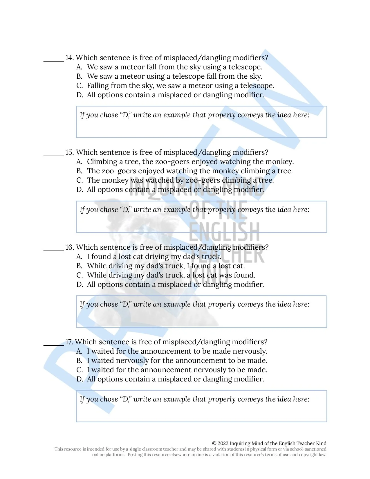 Grammar Practice Worksheet on Misplaced and Dangling Modifiers for High ...