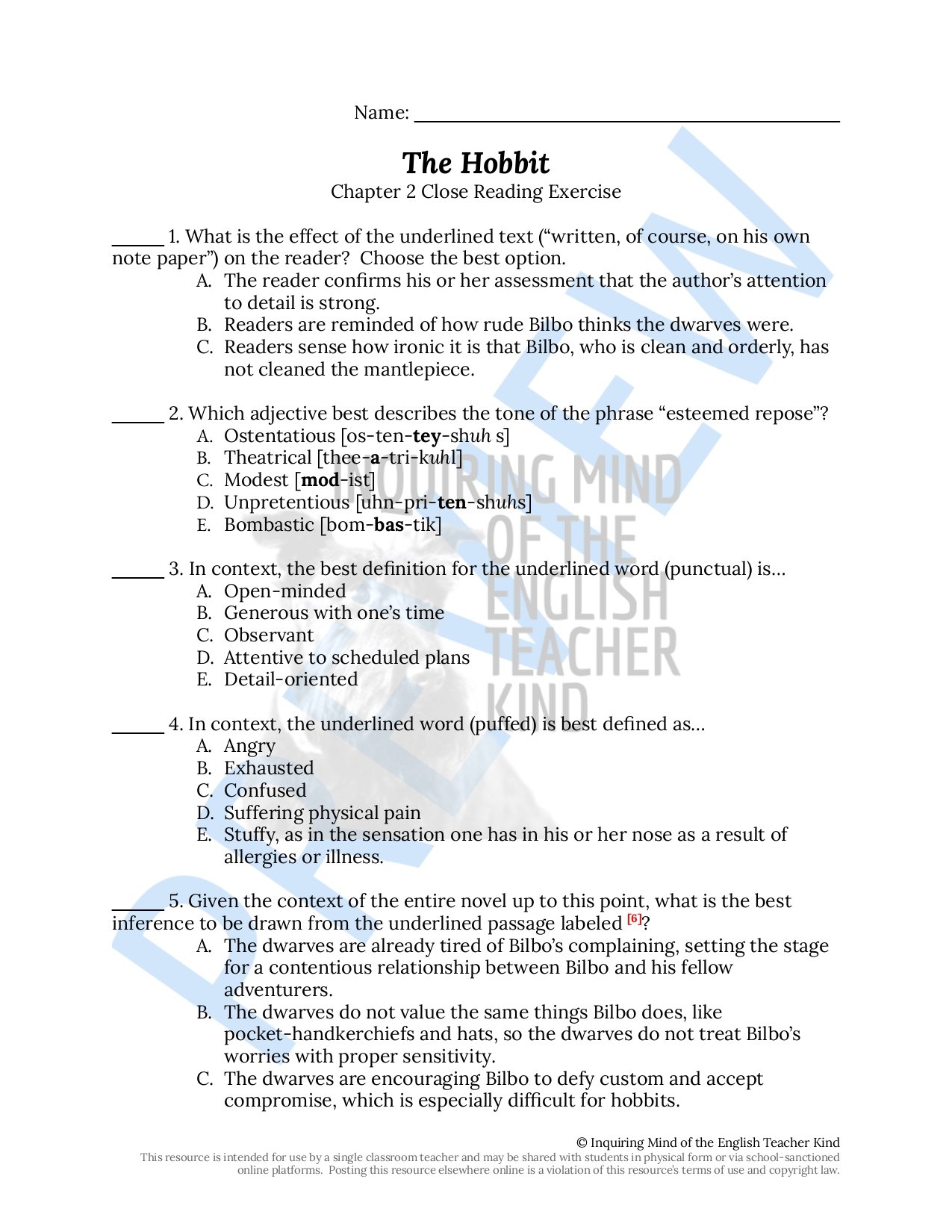 The Hobbit Chapter 2 Close Reading Worksheet And Answer Key Inquiring Mind Of The English