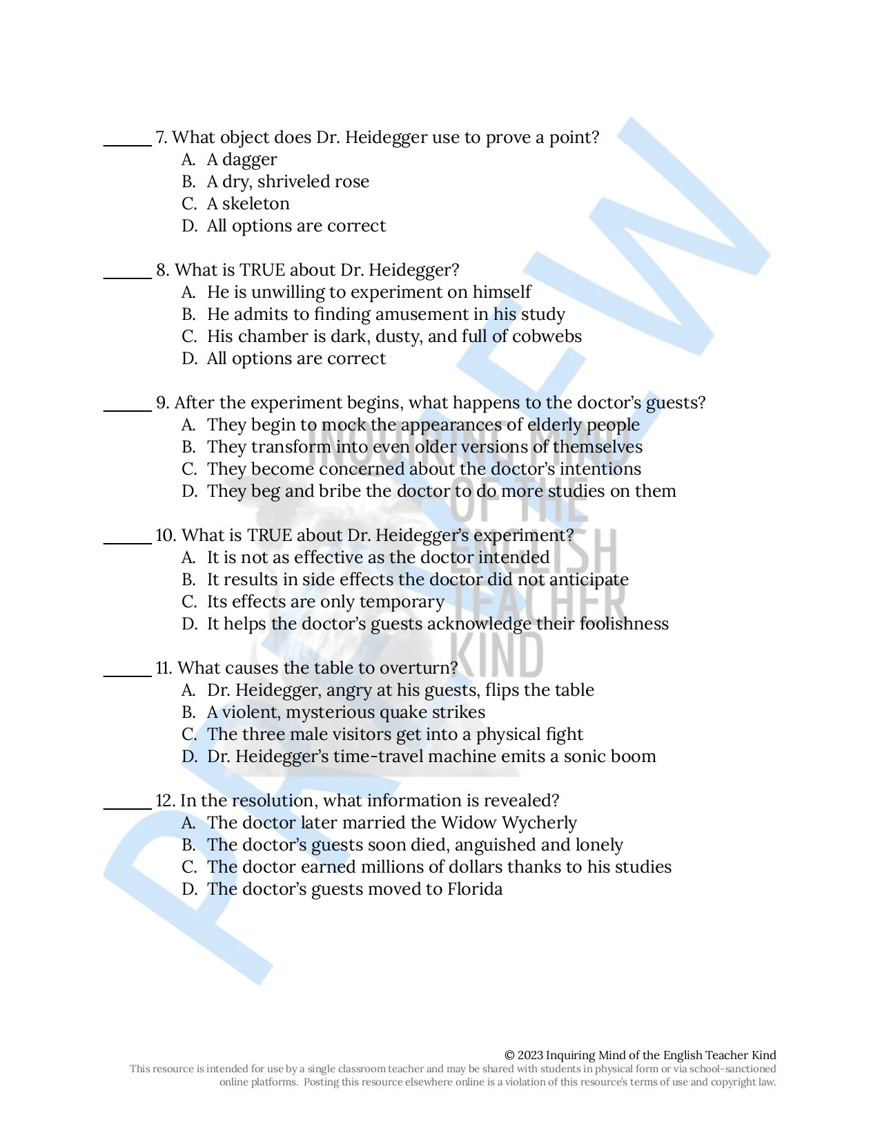 "Dr. Heidegger's Experiment" by Nathaniel Hawthorne Quiz and Answer Key