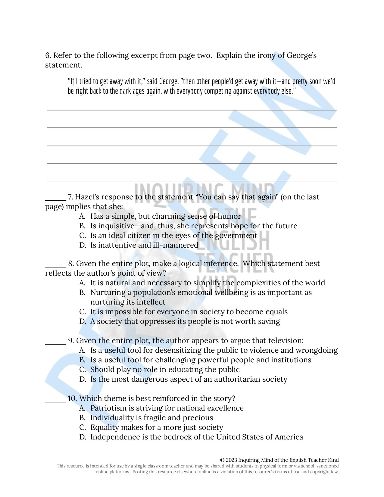 "Harrison Bergeron" by Kurt Vonnegut Close Reading Analysis Worksheet