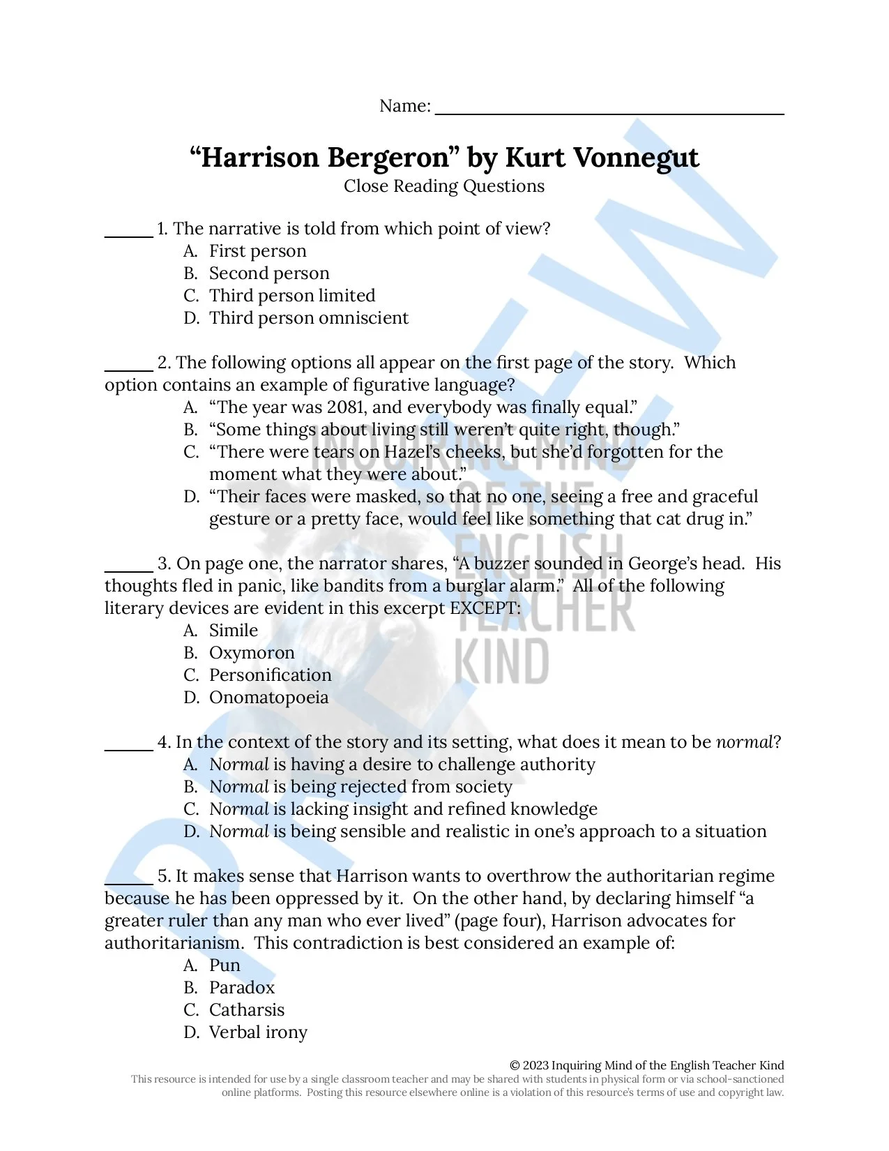 "Harrison Bergeron" by Kurt Vonnegut Close Reading Analysis Worksheet