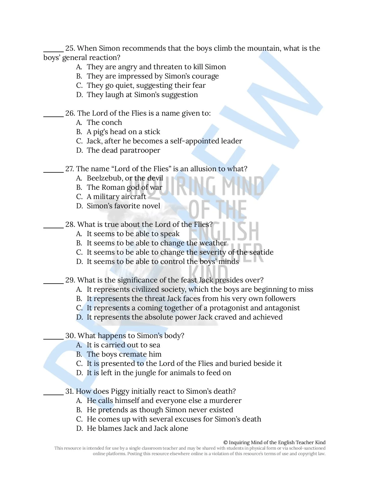 Lord of the Flies Test and Answer Key for High School — Inquiring Mind of the English Teacher Kind