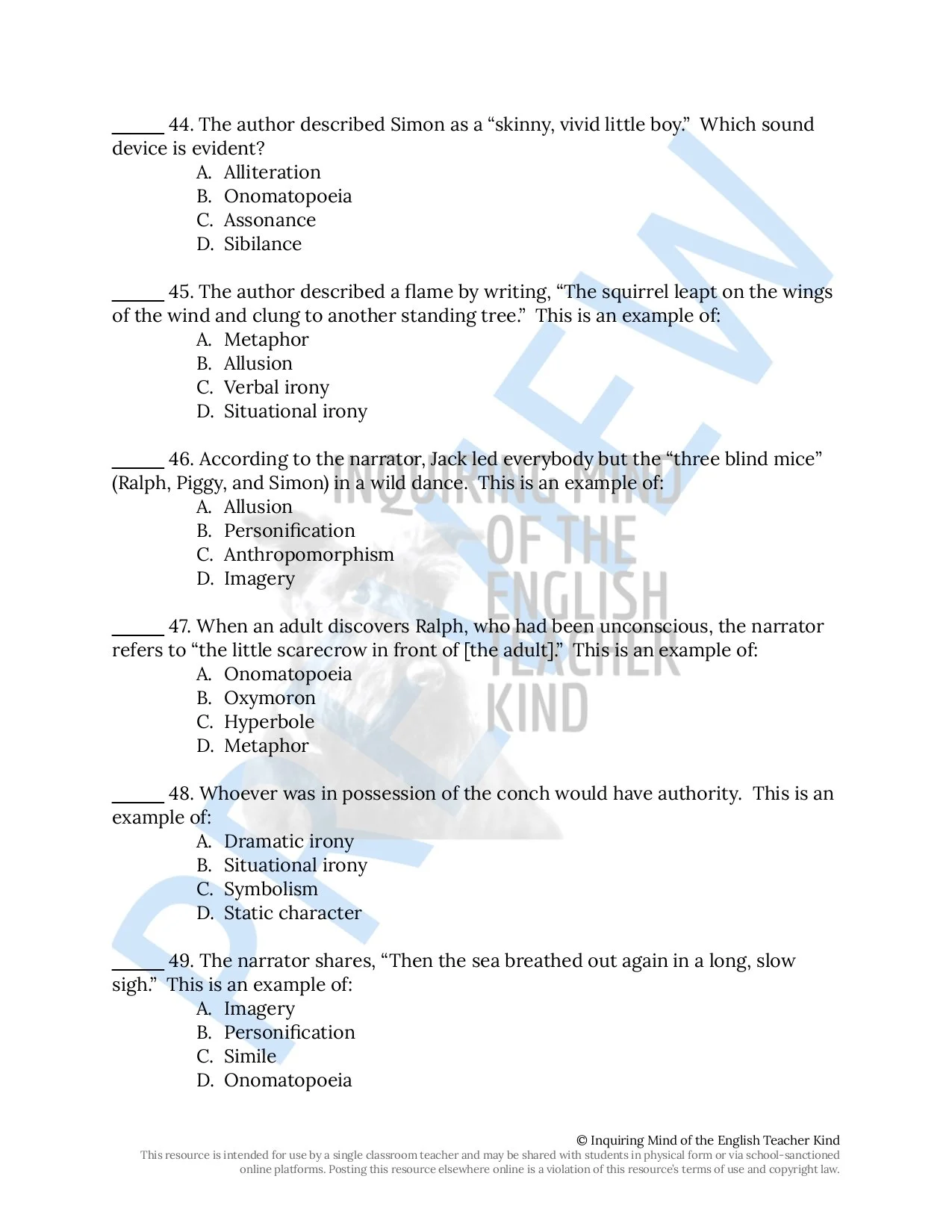 Lord of the Flies Test and Answer Key for High School — Inquiring Mind of the English Teacher Kind