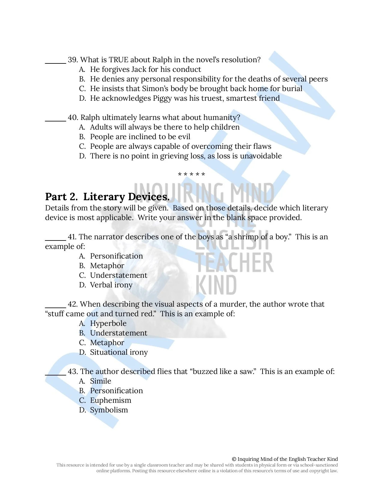 Lord of the Flies Test and Answer Key for High School — Inquiring Mind of the English Teacher Kind