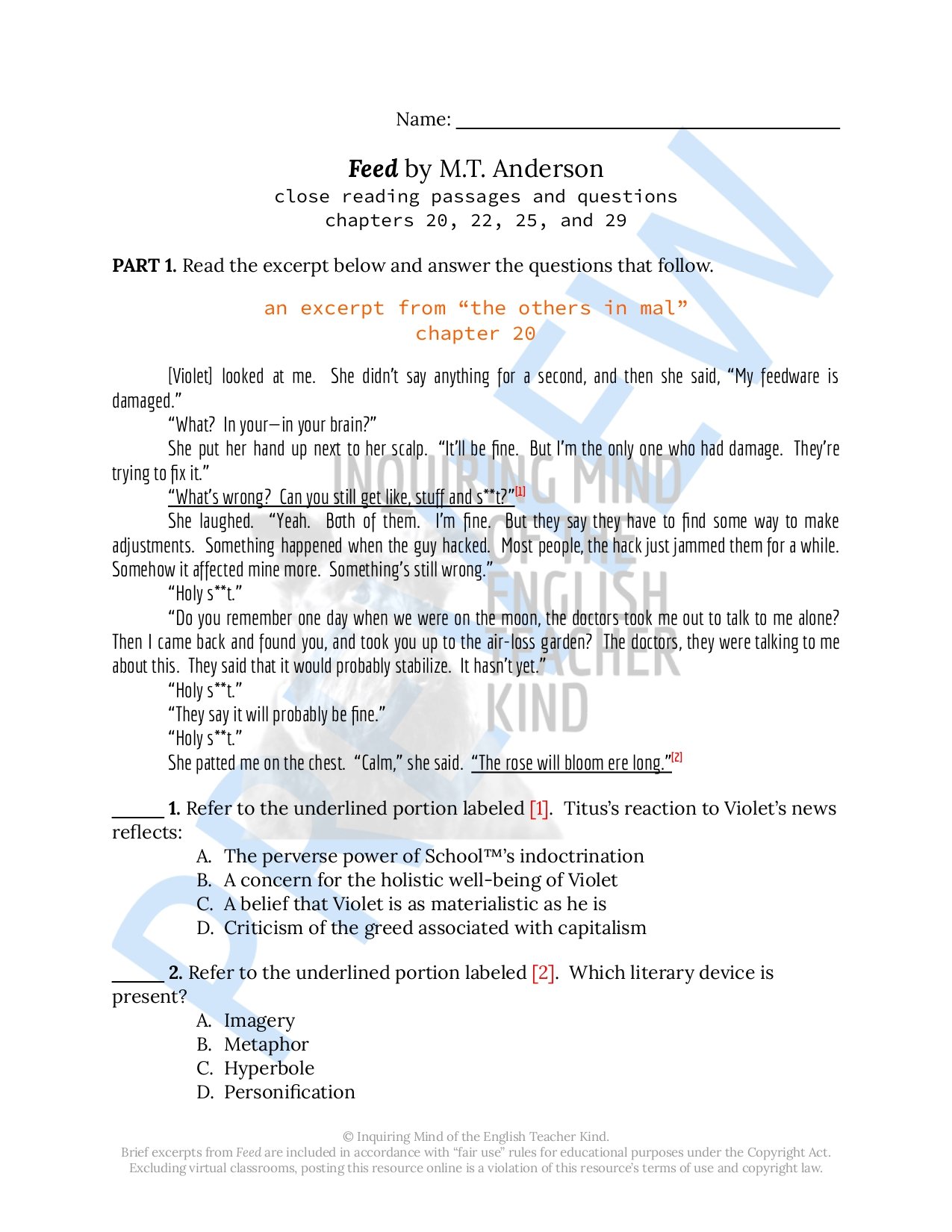 Challenge high school students to push beyond basic reading comprehension and exercise close reading analysis skills while engaging with Feed by M.T. Anderson, a dystopian science fiction novel.