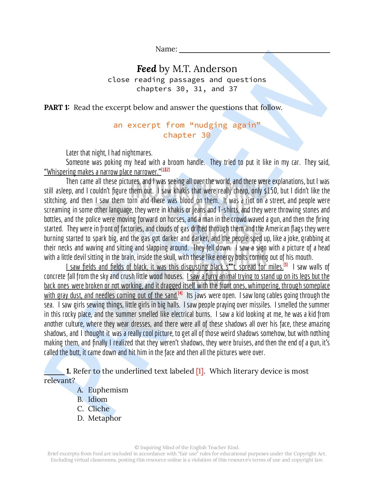 Challenge high school students to push beyond basic reading comprehension and exercise close reading analysis skills while engaging with Feed by M.T. Anderson, a dystopian science fiction novel.