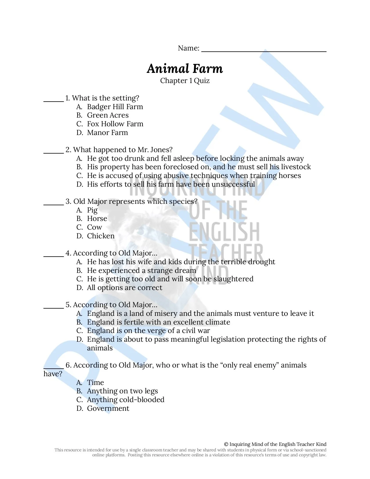Animal Farm Quiz and Answer Key Bundle — Inquiring Mind of the English Teacher Kind