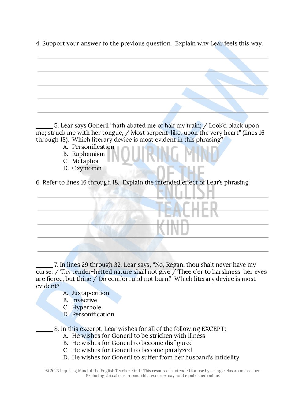 King Lear Close Reading Worksheets Bundle with Answer Keys