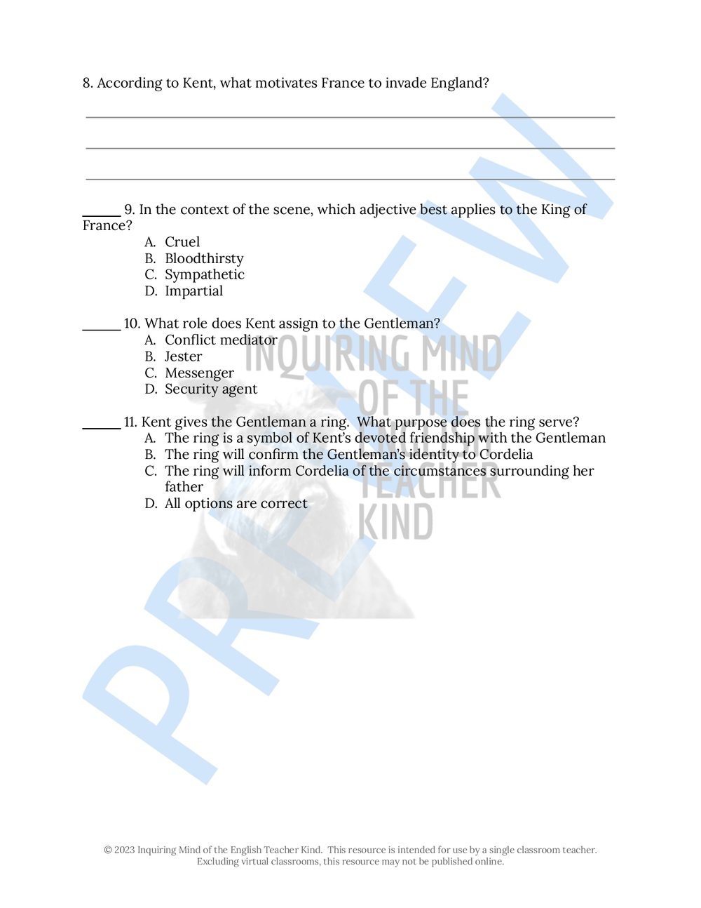 King Lear Act 2 Quiz and Close Reading Analysis Worksheets Bundle for High  School — Inquiring Mind of the English Teacher Kind