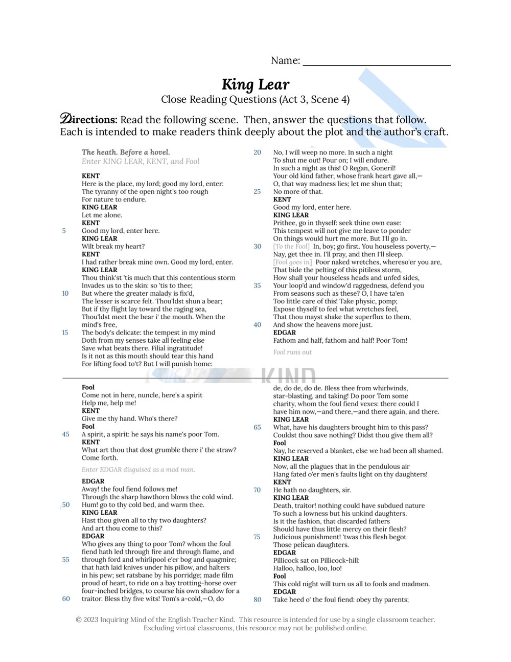 King Lear Act 3 Quiz and Close Reading Analysis Worksheets Bundle