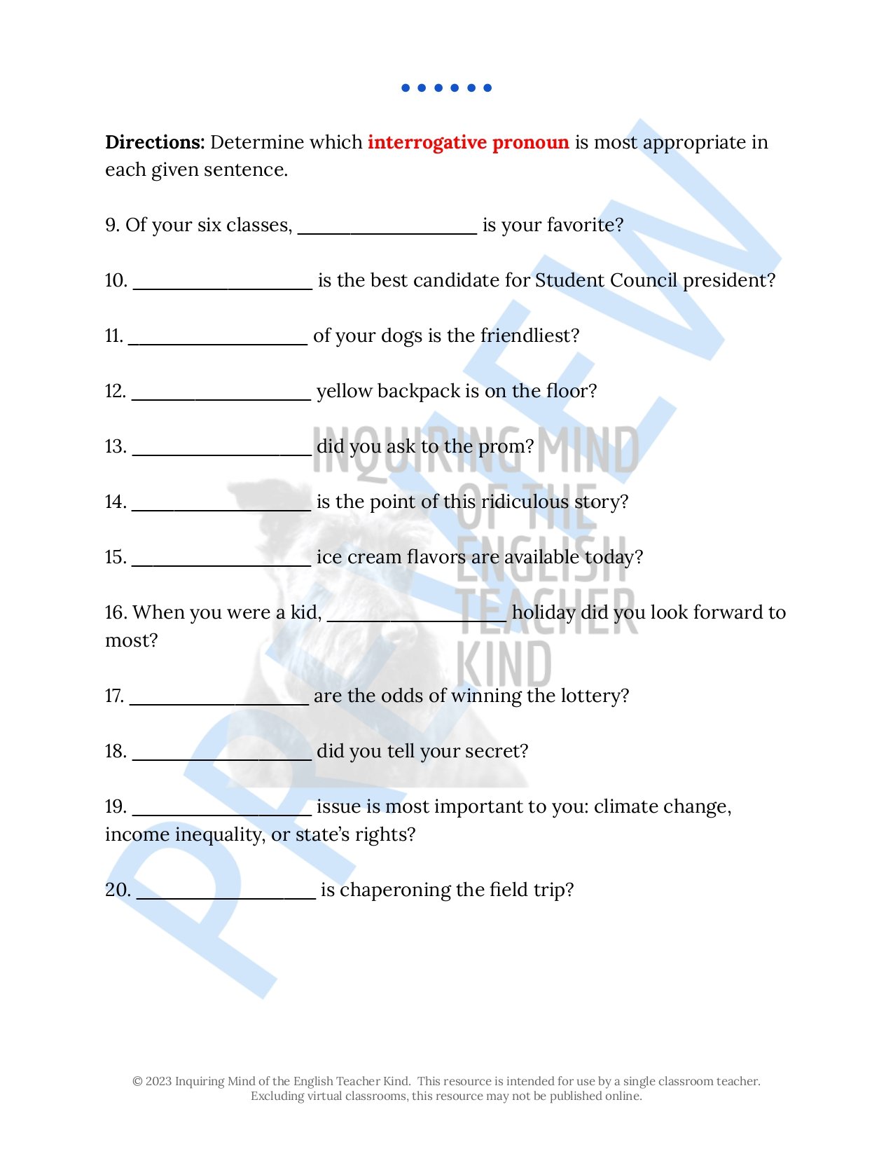 Use this editable grammar activity to help middle and high school students apply knowledge of demonstrative and interrogative pronouns.