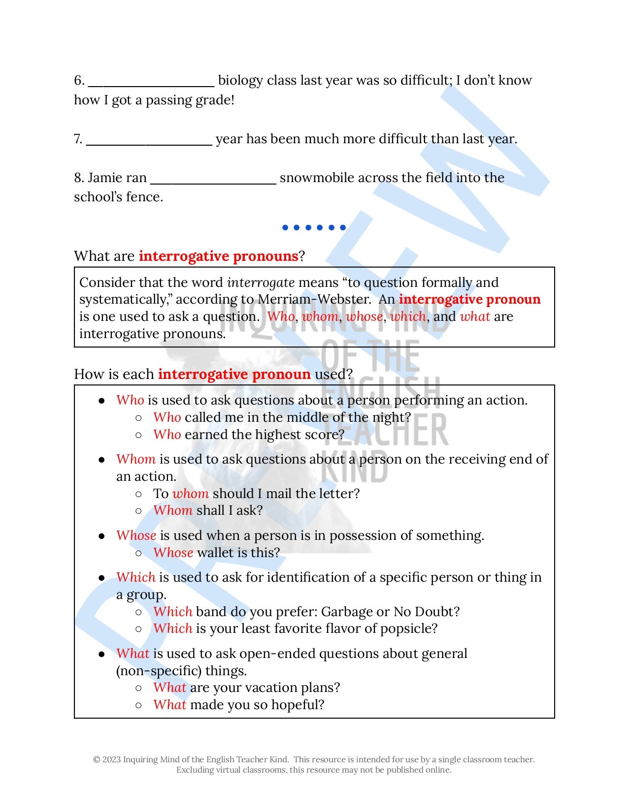 Use this editable grammar activity to help middle and high school students apply knowledge of demonstrative and interrogative pronouns.