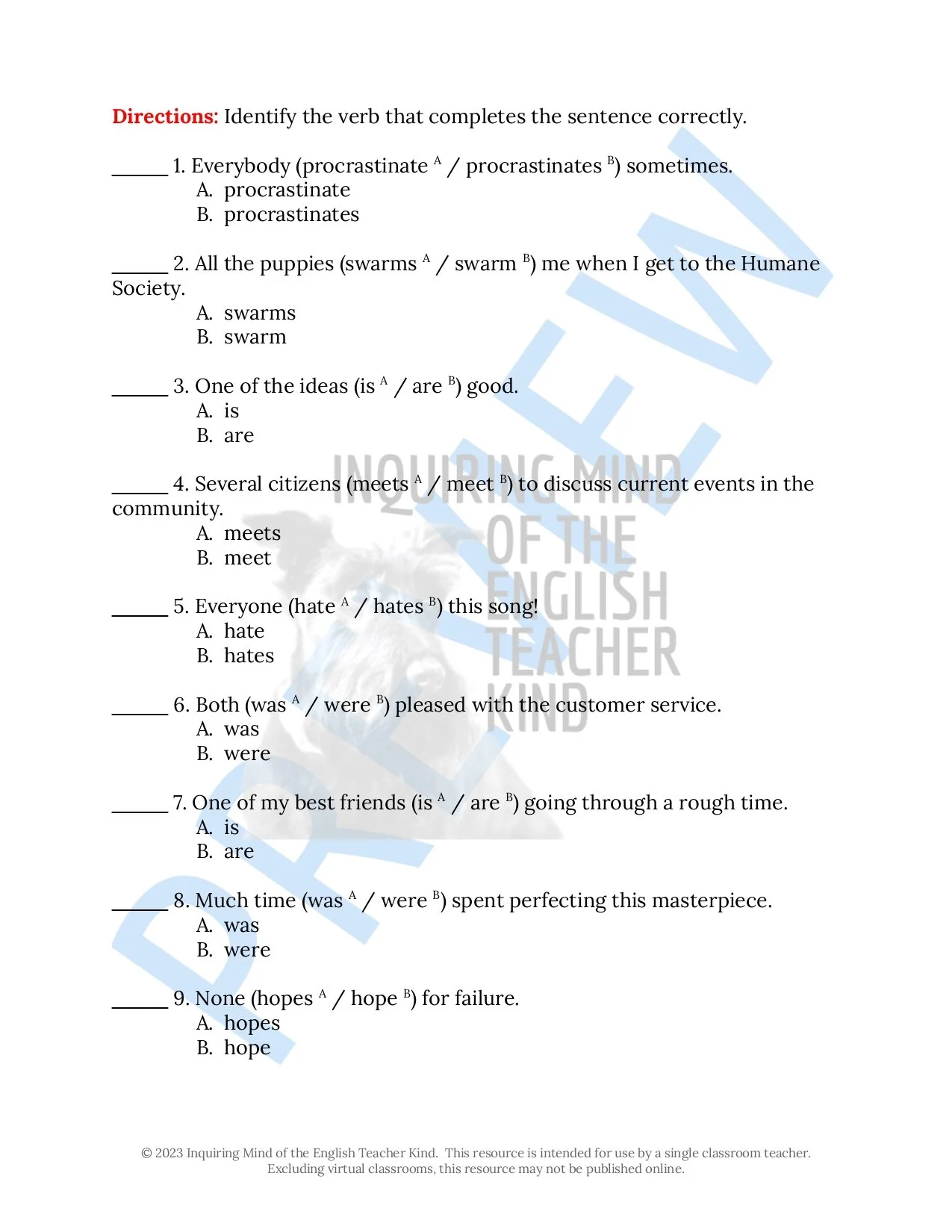 Use this editable grammar activity to help middle and high school students review the basics of singular and plural indefinite pronouns and match them to their appropriate verb forms in context.